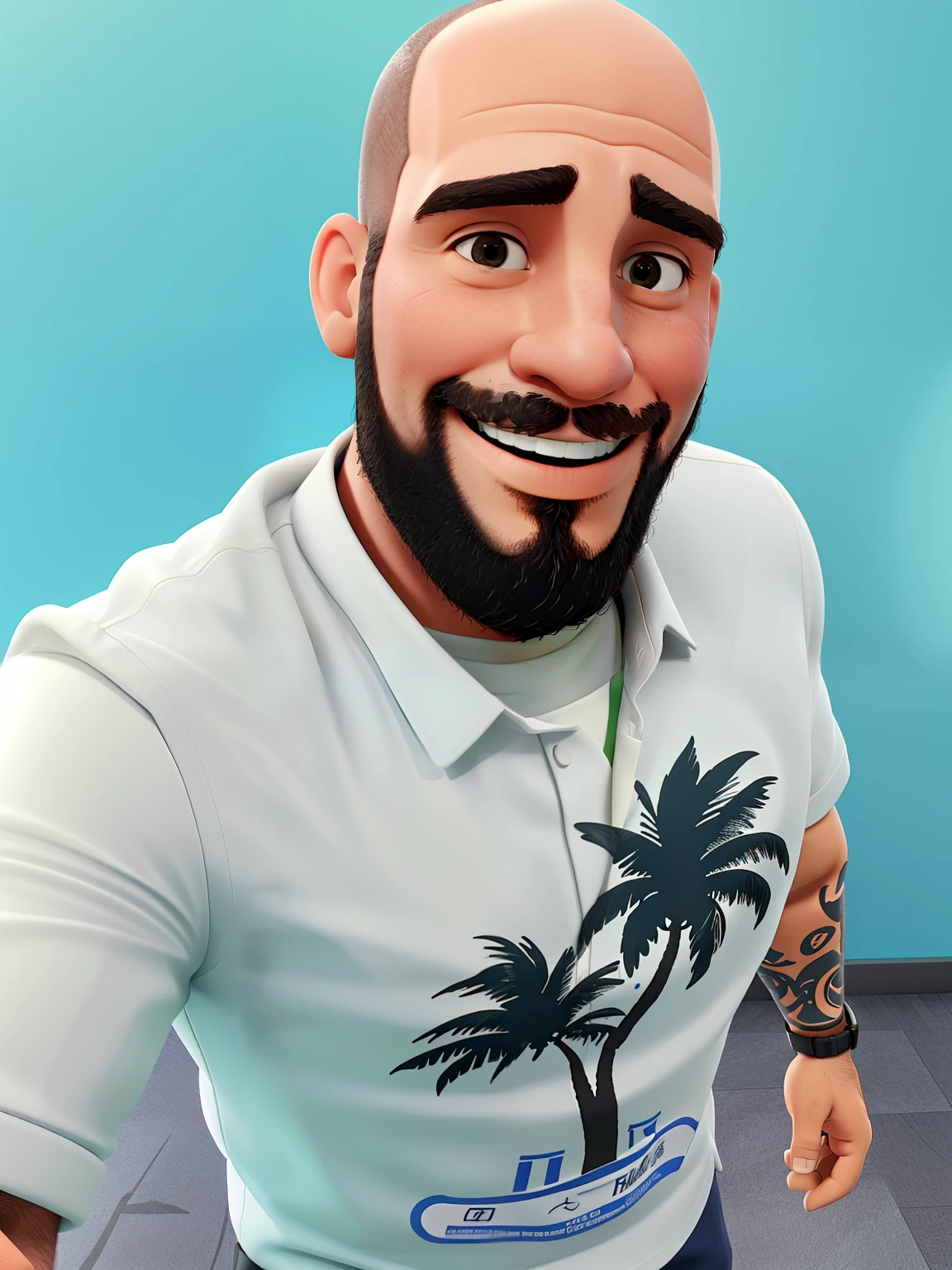 Um homem, careca e barbudo, sorrindo. No fundo uma empresa de callcenter.