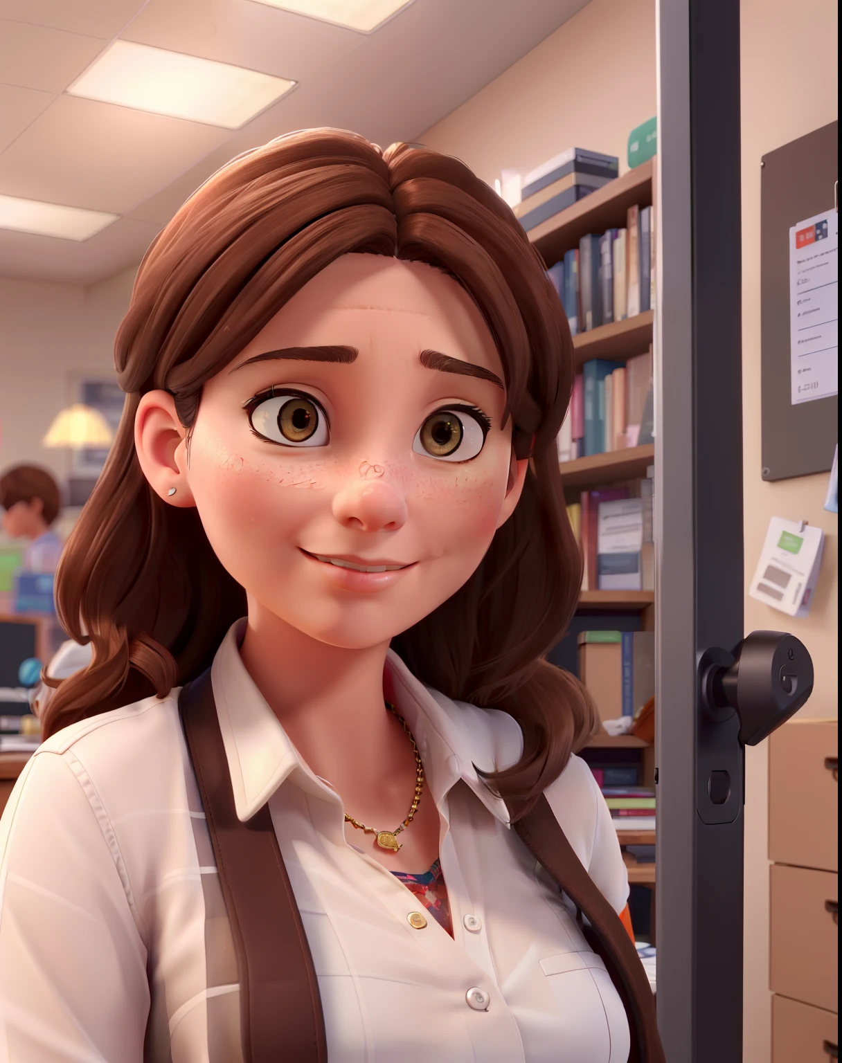 (highres,best quality,realistic:1.37),a 40-year-old woman with fair skin,brown hair,brown eyes,rosy lips,working in an office,a strong and secure safebox image in the background.