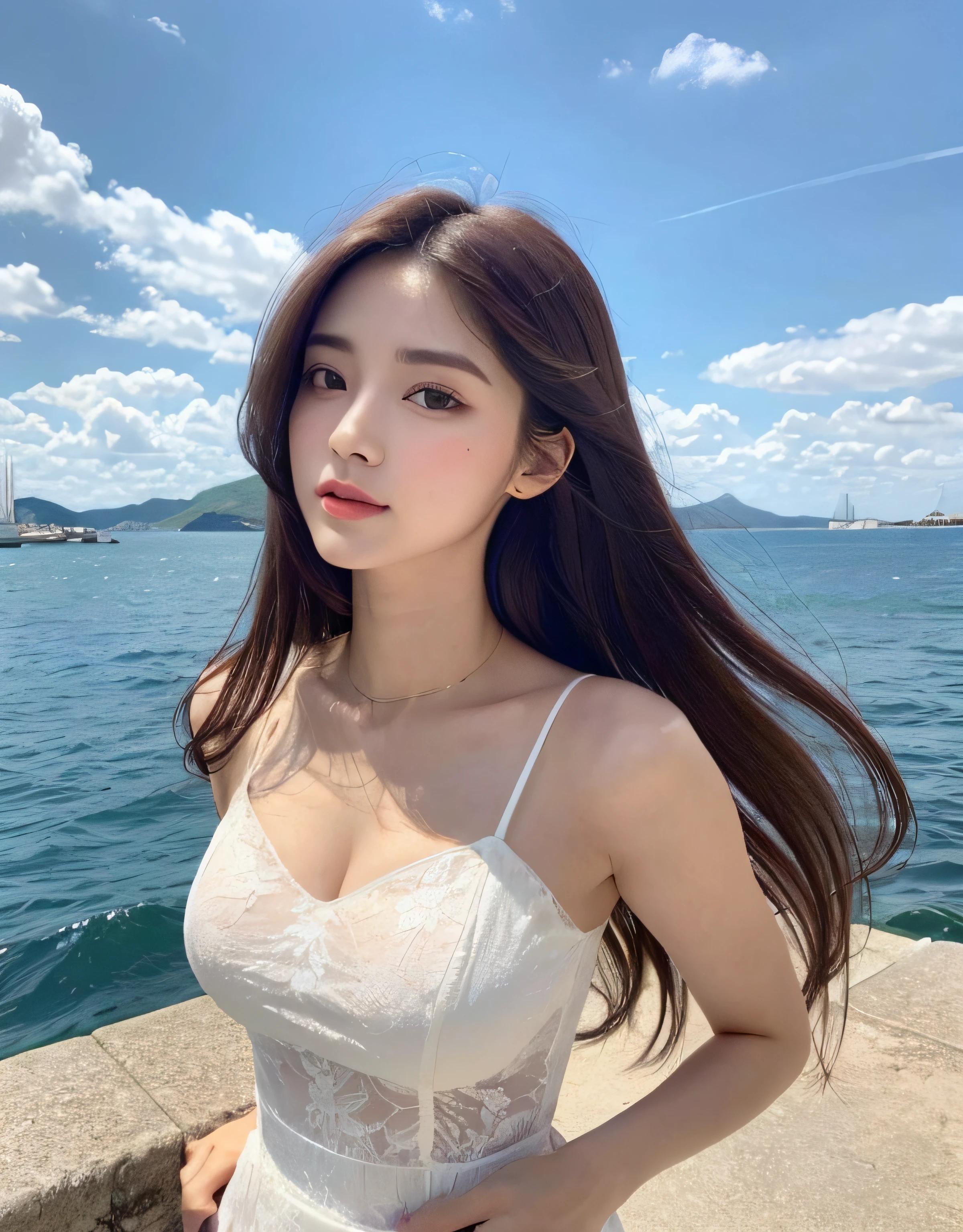 (Daytime, Excellent, 8K, Masterpiece:1.3)), Full body, Long legs, Focal length: 1.2, Perfect Body Beauty: 1.4, Slim Abs: 1.1, ((Dark Brown Hair, Big Breasts: 1.2 )), (White Dress, Standing: 1.2), ((Sea, Blue Sky and White Clouds: 1.3)), Highly detailed facial and skin texture, Delicate eyes, Double eyelids, Flying long hair, cute