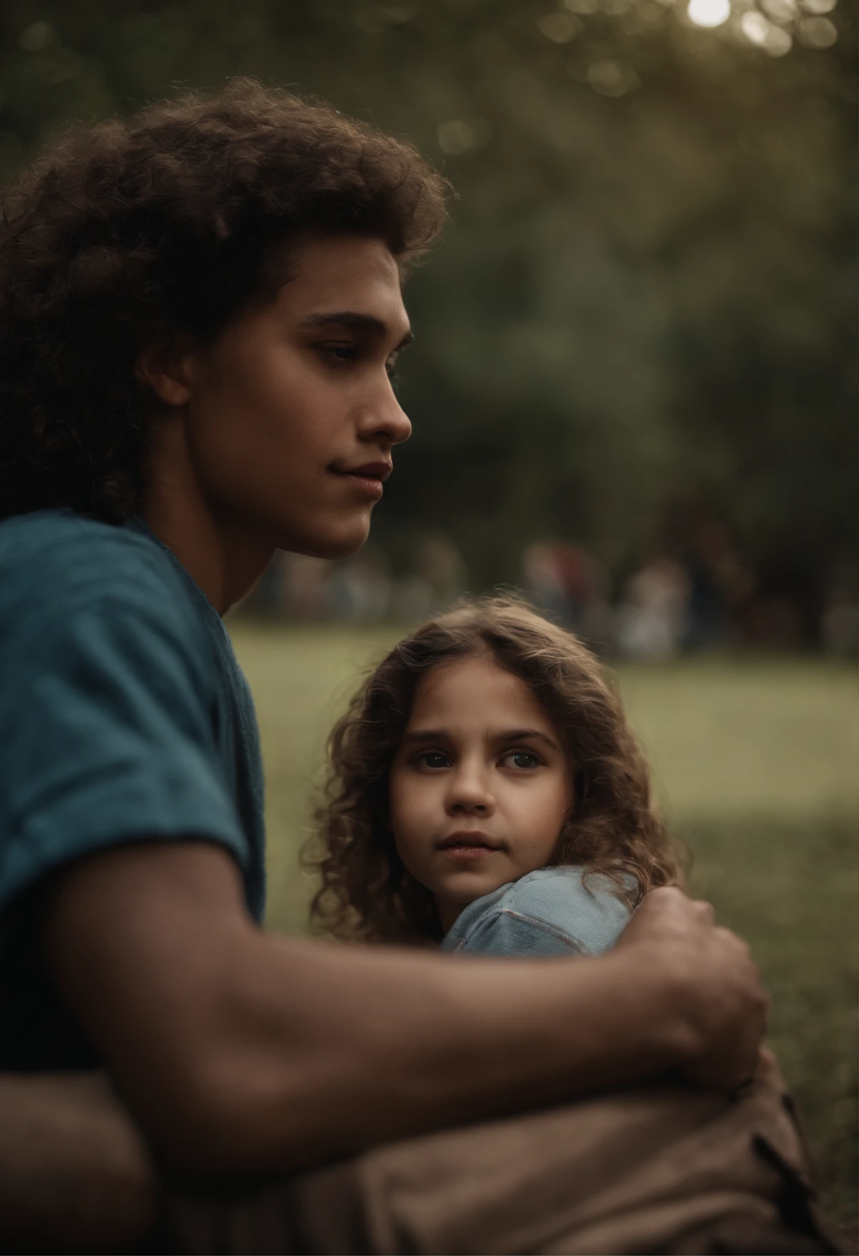 imagem arafed de uma  em um parque com seu amigo moreno de cabelo cacheado com moletom vermelho, nome deles ricardo e Alexandra