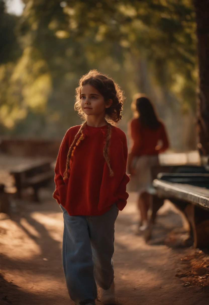 imagem estilo pixar de uma menina em um parque com seu amigo moreno de cabelo cacheado com moletom vermelho, nome deles ricardo e Alexandra