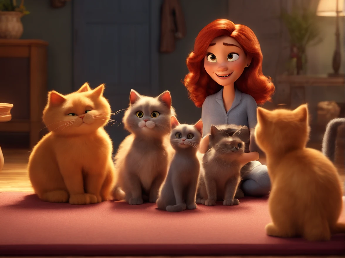 Pixar. create a 3D disney pixar style poster, with the title friends forever, with a Japanese girl with long straight dark red hair, with three completely gray Persian cats, a completely beige Persian cat and a garfield style orange Persian cat.