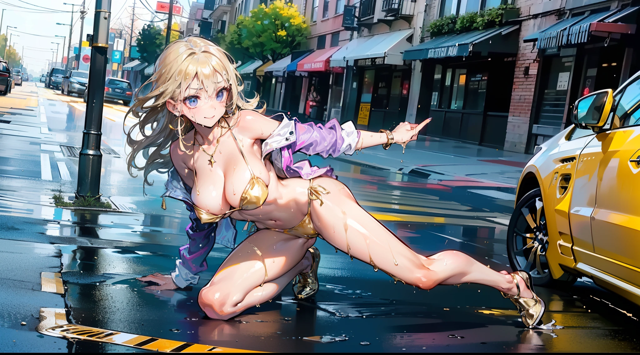 1 beauty, (Light Purple Eyeshadow),Platinum Blonde Perm Hair、(broad shoulders:1.4)、(Smaller face)、(pointed breast:1.6)、Model body type:1.2、(She jumps on one leg:1.4)、Sharp eyes、Watery Big Eyes、(A mischievous smile:1.2)、Biker Jacket、 ((Light Gold Bikini Swimsuit:1.4)),(wet and disheveled hair,:1.4)、(Heavy sweat on the face:1.2)、(facefocus:1.4)、(Platinum necklace and large earrings)、gulf coast:1.4、Bikes in perfect detail、A road bike in perfect shape、((Straddling a road bike in a forward leaning position:1.4))、Increase the amount of information:1.2、((Perfect drawing))、(pinup:1.2)、Realistic head and body、fullllbody