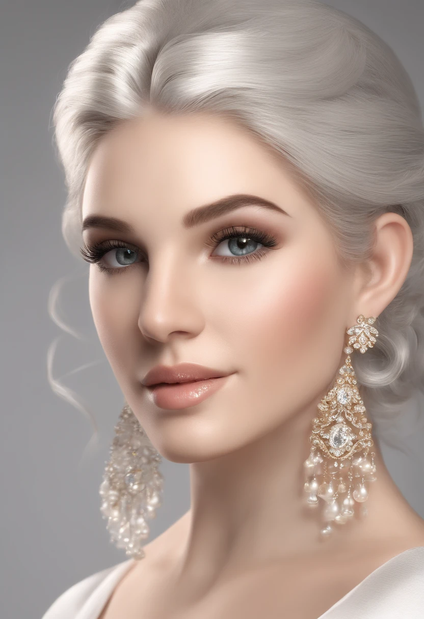 (best quality, master part:1.2), ultra high-resolution, Realistic, frontlighting, detalhes intrincados, Detalhes e texturas requintados, 1girl, sozinho ,(jovem), Destaque facial, parte superior do corpo, Rosto detalhado, tear mole, pele branca, cabelos prateados, rabo-de-cavalo, braid hair, Olhando para o Viewer, olhos grandes, manto de seda, (hollow pattern, Branco, seda), Brincos, seios pequenos, corpo magro, Quarto Luxo, professional lighting, photon maping, radiosidade, Physically-based rendering,