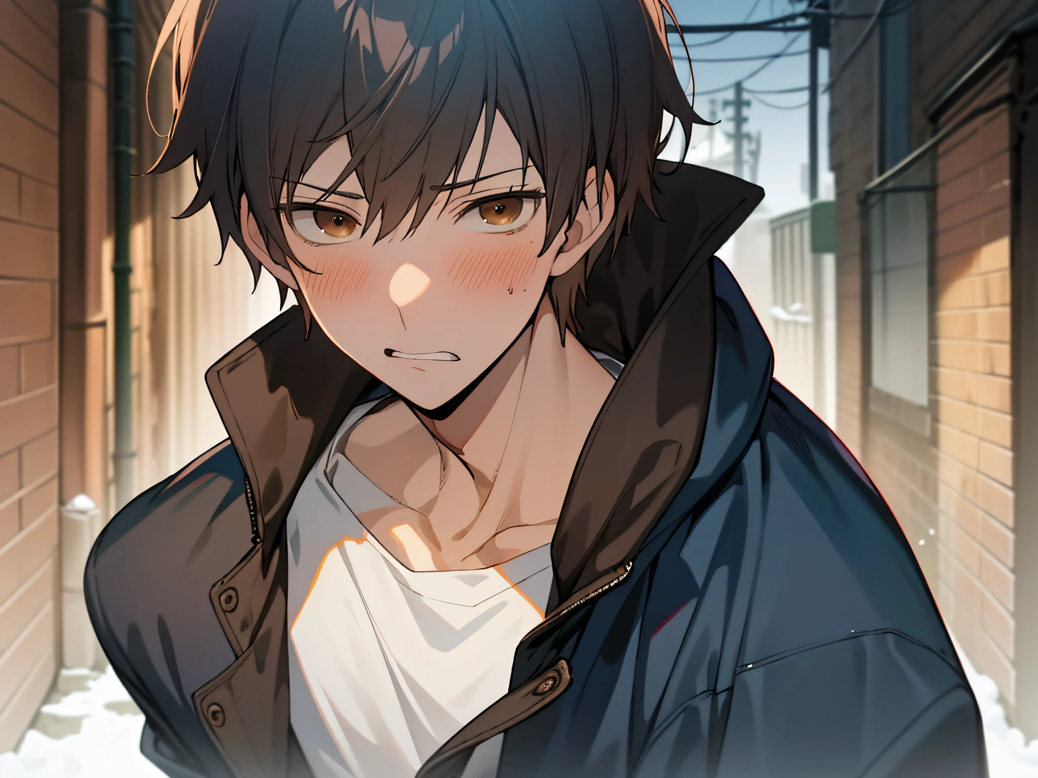 masutepiece, Best Quality, High quality, 1boy, ((Solo,Forcibly withdraw)),yandere,eery,Cold expression,Male Focus, Looking at Viewer, upper body ,Brown eyes, Dark blue hair, parka,background is back alley,