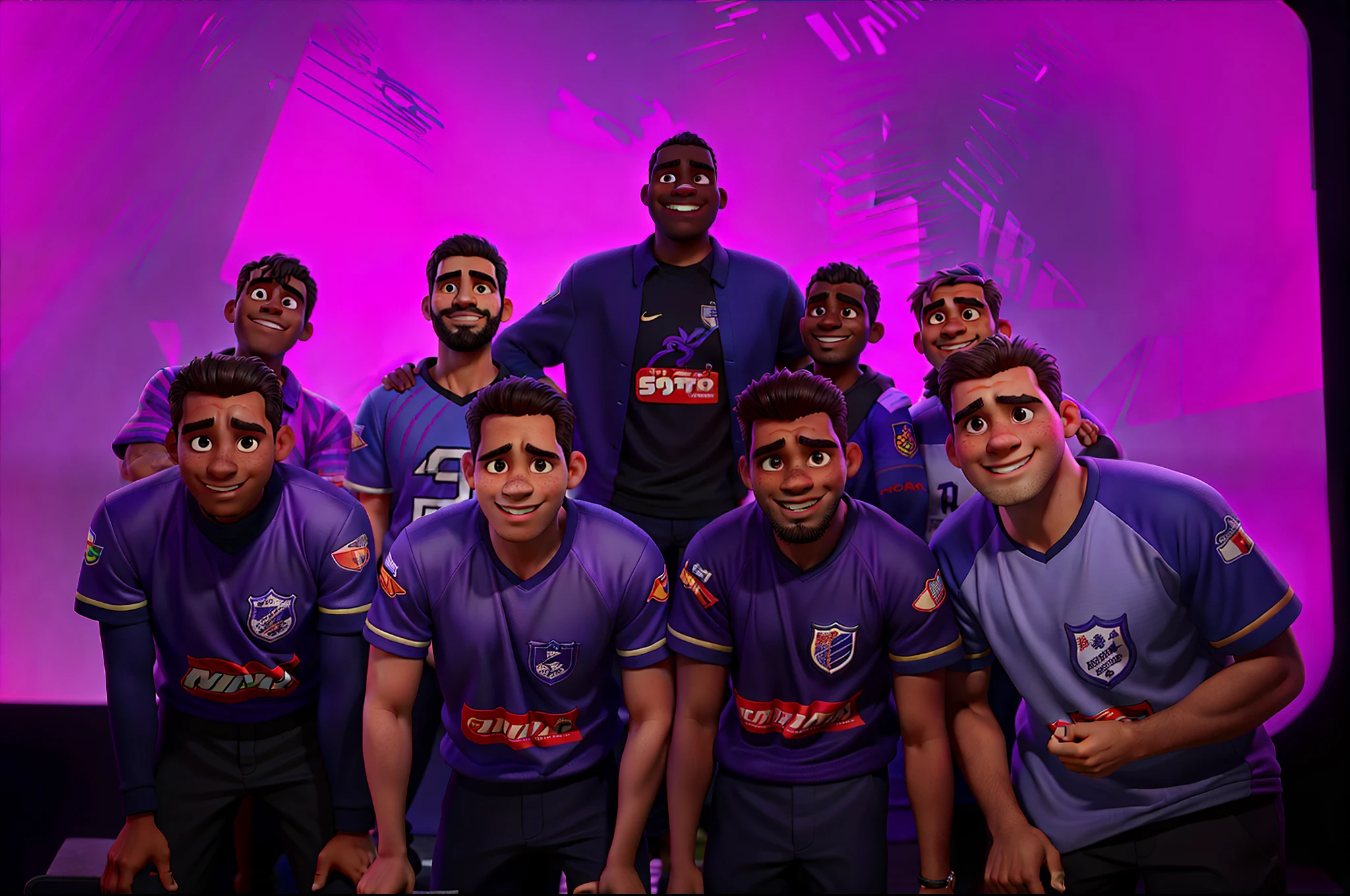 Um time de futebol, formado por amigos vao disputar uma copa, They wear a purple uniform and are very excited to compete