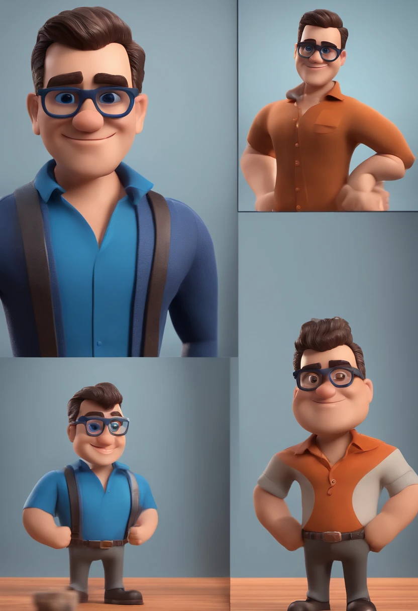 Cartoon character of a man with black glasses and a blue shirt, animation character, Caractere estilizado, animation style rendering, 3D estilizado, Arnold Maya render, 3 d render stylized, toon render keyshot, Personagem 3D, Personagem 3D, 3d rendering stylized, 3 d character render, personagem de desenho animado, Personagem de close up, Pose de personagem,  (Estilo Pixar) (master part:1.2) (Bokeh) (best quality) (pele detalhada) (textura detalhada) (8k) (argila) (Cinematic lighting) (foco nítido