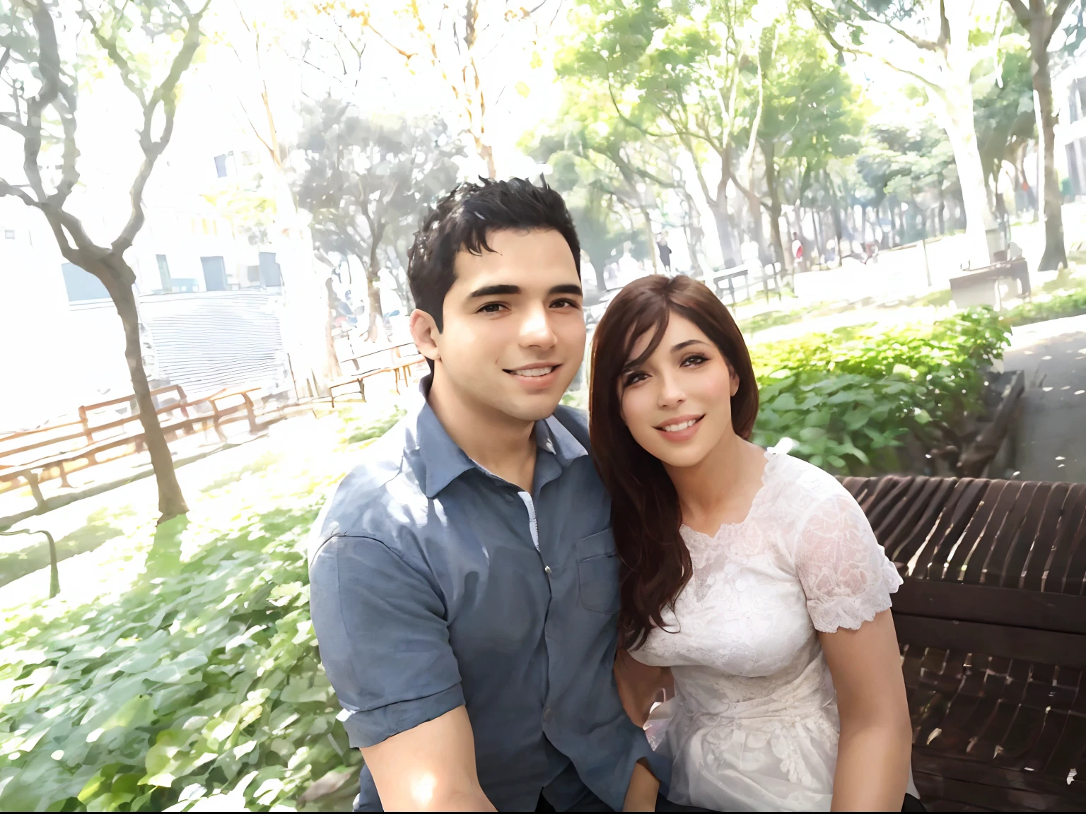 They are posing for a photo in a park with a bench, In Sao Paulo, Casal feliz, Lovely couple, na rua da cidade, Karla Ortiz, non blurry, par, em jardins de maconha, foto de perfil, pose de casal, com um parque ao fundo, Foto tirada com Canon 5D, blog-foto, imagem de qualidade muito baixa, Com Godray