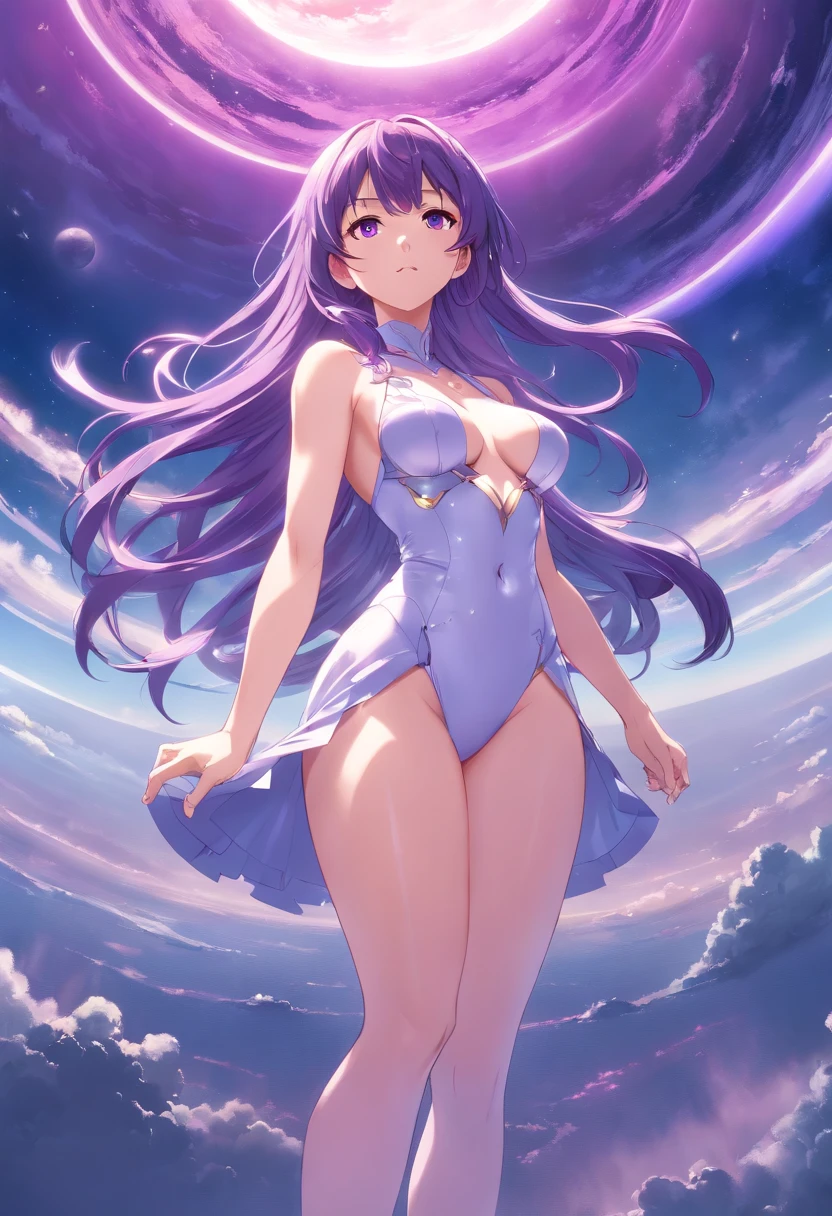 white backgrounid　tall and large breasts　Purple metallic suit　highleg　Woman with long purple hair　full bodyesbian purple mist surrounding gigantic planet background