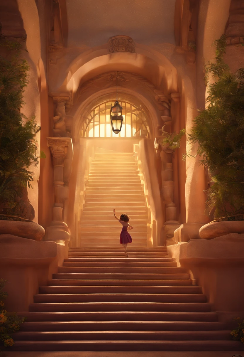 "(La mejor calidad,Ultra detallado,realista:1.37),Renderizado 3D,插圖,character design,cabello largo, oscuro y rizado,hermosos ojos detallados, Holding a camera ,estilo pixar,grupo de amigos bailando en una escalera,bailando en el escenario de Disney,Ambiente animado,vivid colors,Luces de escenario,cheerful expression"