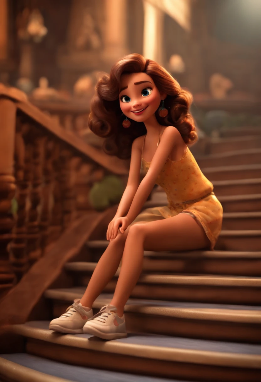 "(La mejor calidad,Ultra detallado,realista:1.37),Renderizado 3D,插圖,character design,cabello largo, oscuro y rizado,hermosos ojos detallados, Holding a camera ,estilo pixar,grupo de amigos bailando en una escalera,bailando en el escenario de Disney,Ambiente animado,vivid colors,Luces de escenario,cheerful expression"