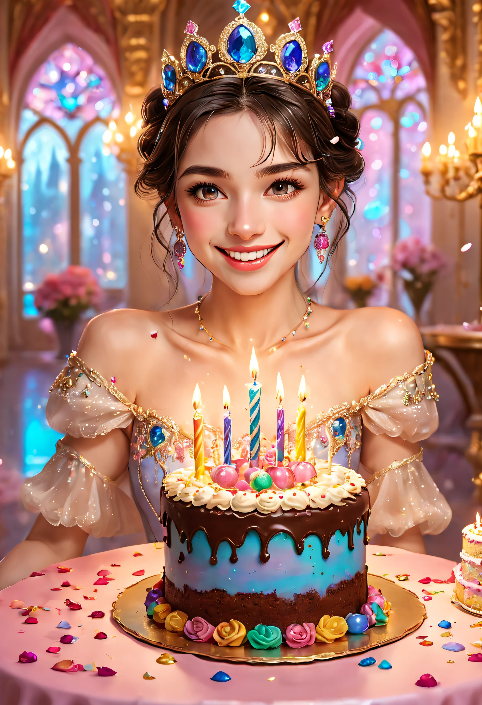 Beautiful 8K Ultra HD professional photos, Sharp focus, In a stunning fantasy world, Beautiful princess wearing a crown，Birthday cake filled with gems, A joyful smile, In a luxurious palace，A huge cake，It has candles and confetti on it, Huge birthday cake, with sparkling gems on top