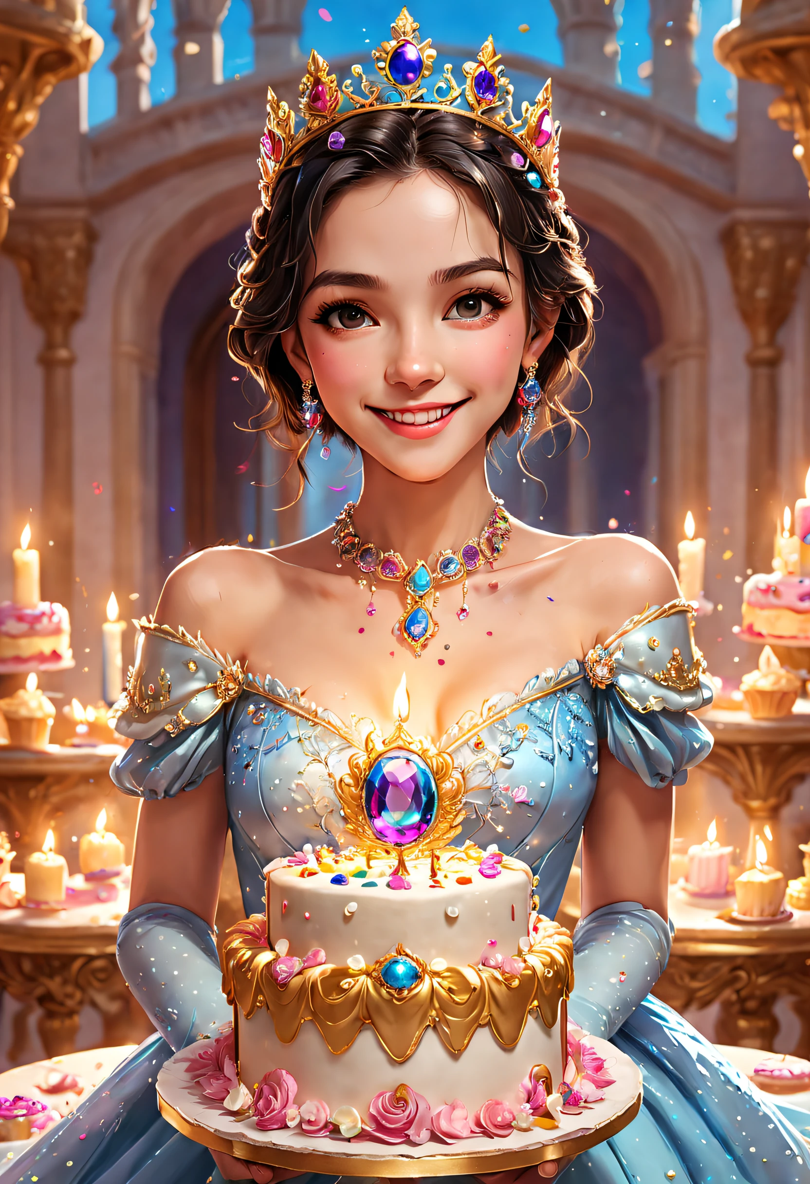 Beautiful 8K Ultra HD professional photos, Sharp focus, In a stunning fantasy world, Beautiful princess wearing a crown，Birthday cake filled with gems, A joyful smile, In a luxurious palace，A huge cake，It has candles and confetti on it, Huge birthday cake, with sparkling gems on top