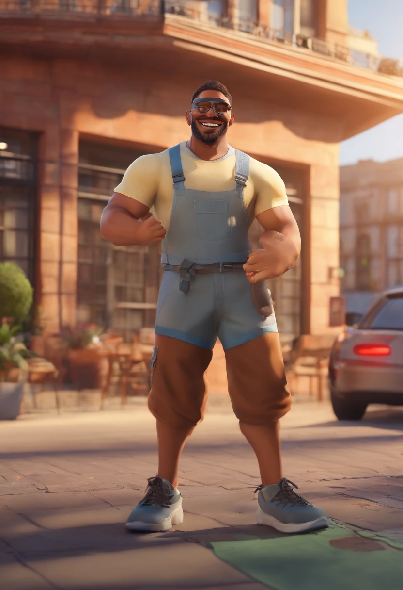 Featured illustration for a strong mulatto man in smiling glasses, The man's skin is mulatto he wears a cap, tem a barba cheia e cabelos ondulados, He is a sports practitioner and is dressed as if he were in a street race, in his spare time he is a pastry chef