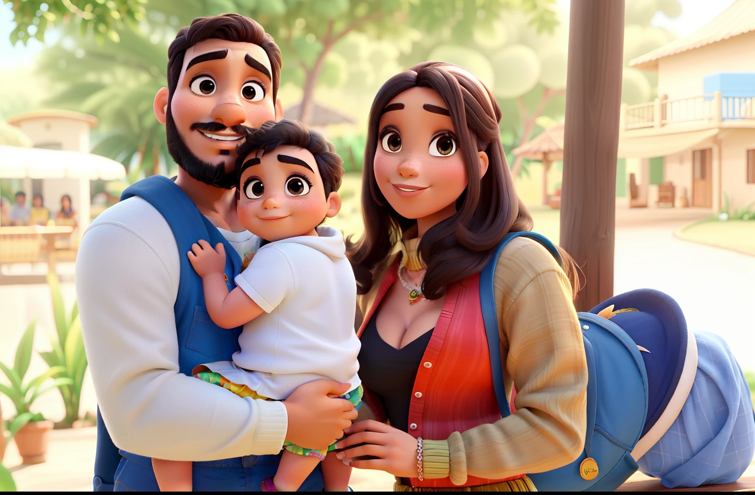 Mulher brasileira morena,  homem com barba e bebe de 7 meses,  estilo Disney pixar ,alta qualidade,melhor qualidade