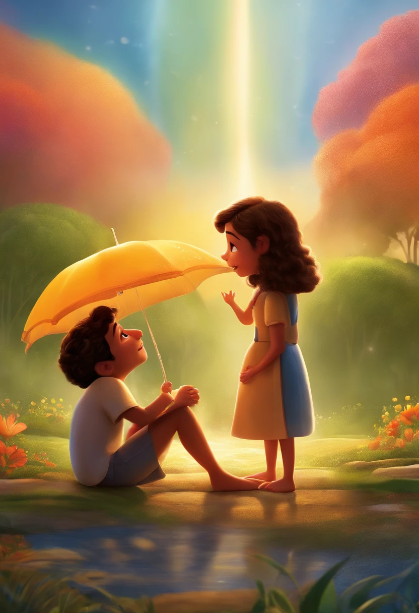Disney Pixar series couple, ele lavrador, Ela lavadeira. Sun and rain background with rainbow with the name THE DILEMMA