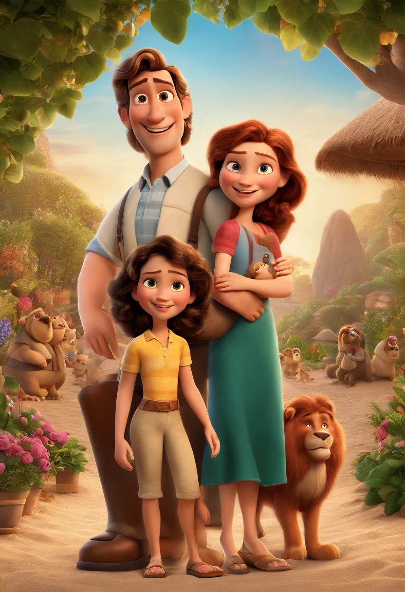 a Disney Pixar movie poster showing a white-skinned family. The father is the tallest, Tem barba curta, loiro, cabelos curtos e espinhosos. The mother has brown eyes and hair, shoulder-length and is slightly overweight. A menina tem 4 anos e cabelos castanhos, roupa rosa e rabos de cavalo. The background is a beach garden. 3D-rendering