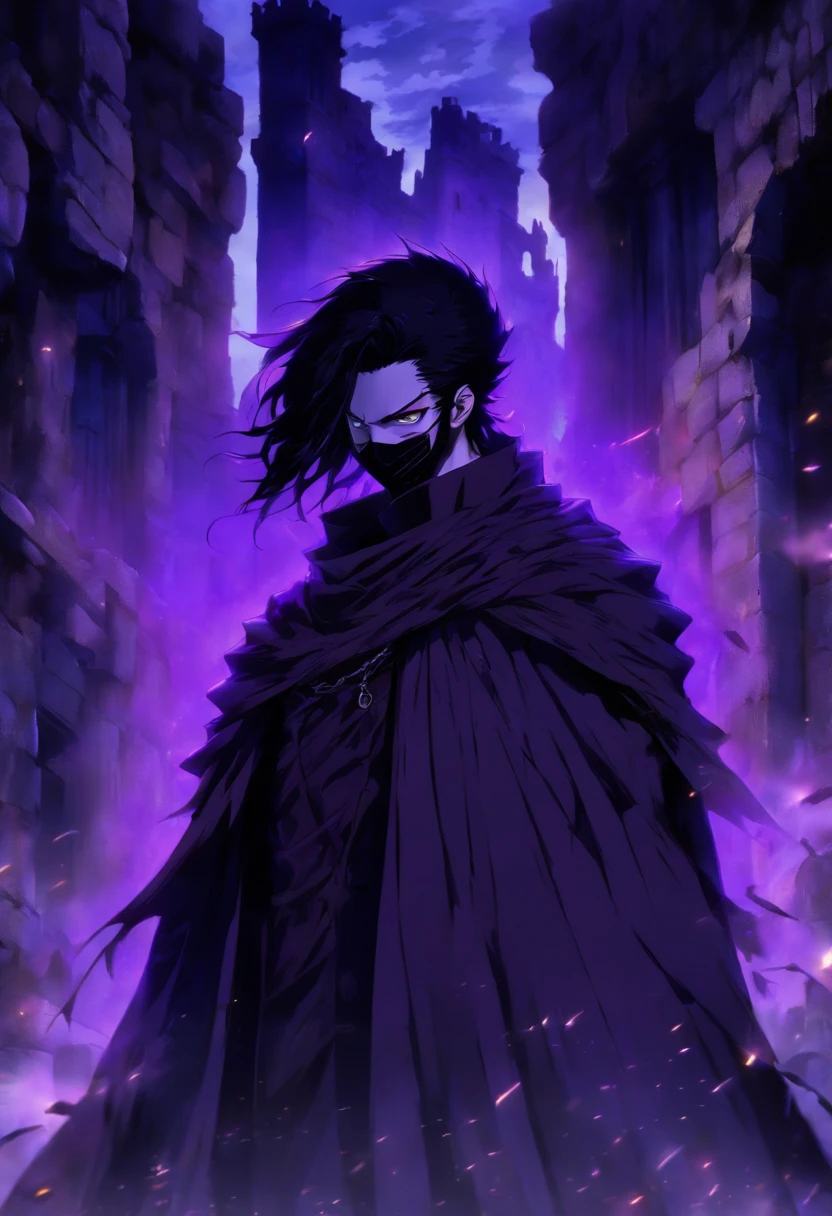 Tall man, appearance , short hair combed back, black hair, His skin is white, He is wearing a black overcoat, He is wearing a black mask that only covers his mouth and nose, his gaze is serene, He is in the ruins of an ancient castle made of stone, it is a dark and gloomy place, His eyes are purple, his hands are bandaged, He is wearing a long black cape, imposing, ((best quality)) ((very detailed)) ((As per description)) ((masterpiece))