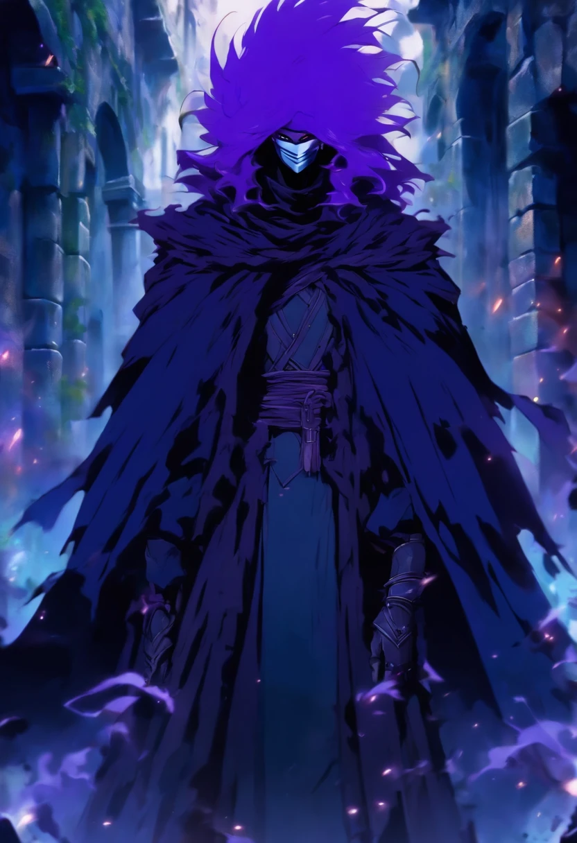 Tall man, appearance 17 years old, short hair combed back, black hair, His skin is white, He is wearing a black overcoat, He is wearing a black mask that only covers his mouth and nose, his gaze is serene, He is in the ruins of an ancient castle made of stone, it is a dark and gloomy place, His eyes are purple, his hands are bandaged, He is wearing a long black cape, imposing, ((best quality)) ((very detailed)) ((As per description)) ((masterpiece))