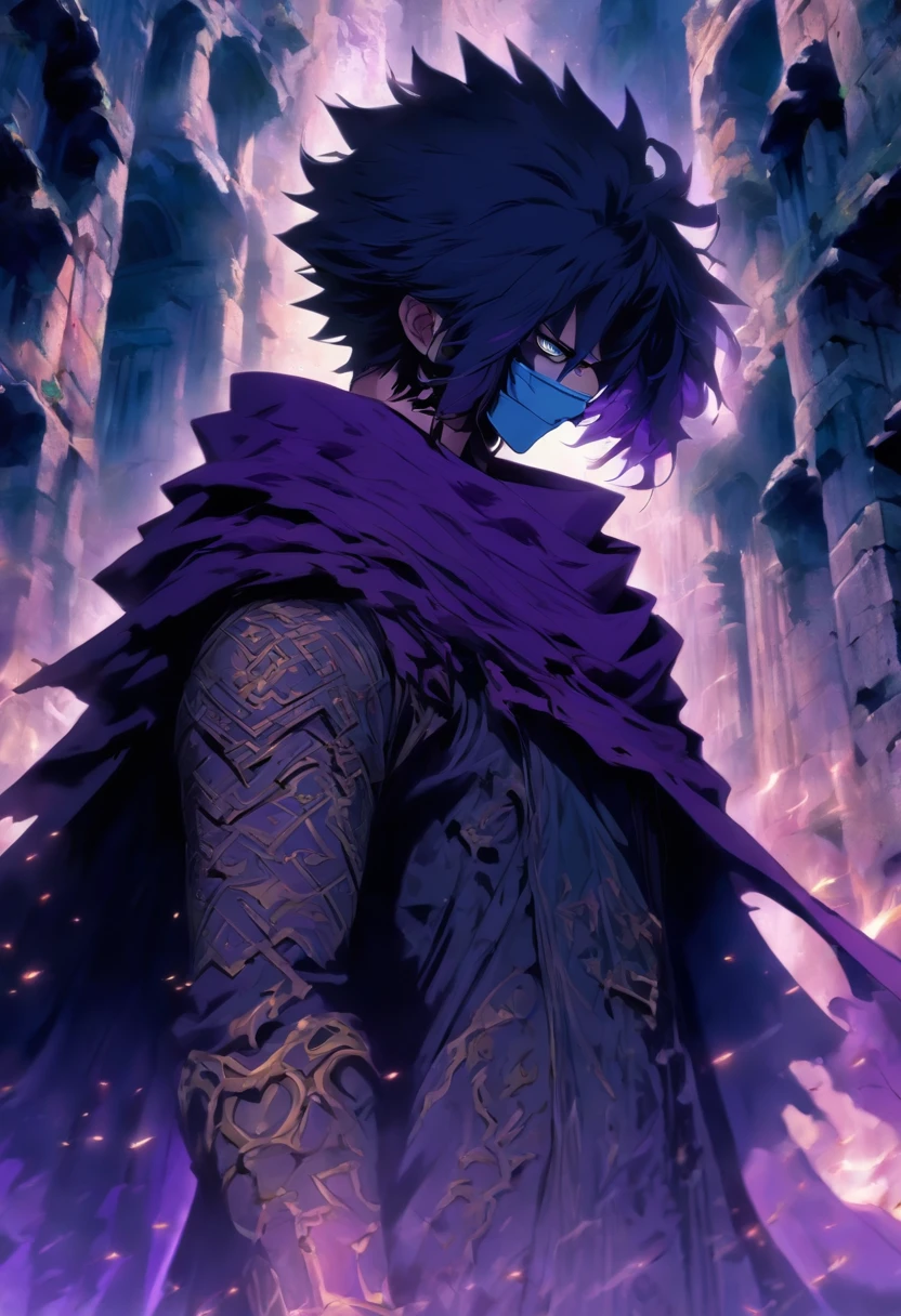 Tall man, appearance 17 years old, short hair combed back, black hair, His skin is white, He is wearing a black overcoat, He is wearing a black mask that only covers his mouth and nose, his gaze is serene, He is in the ruins of an ancient castle made of stone, it is a dark and gloomy place, His eyes are purple, his hands are bandaged, He is wearing a long black cape, imposing, ((best quality)) ((very detailed)) ((As per description)) ((masterpiece))