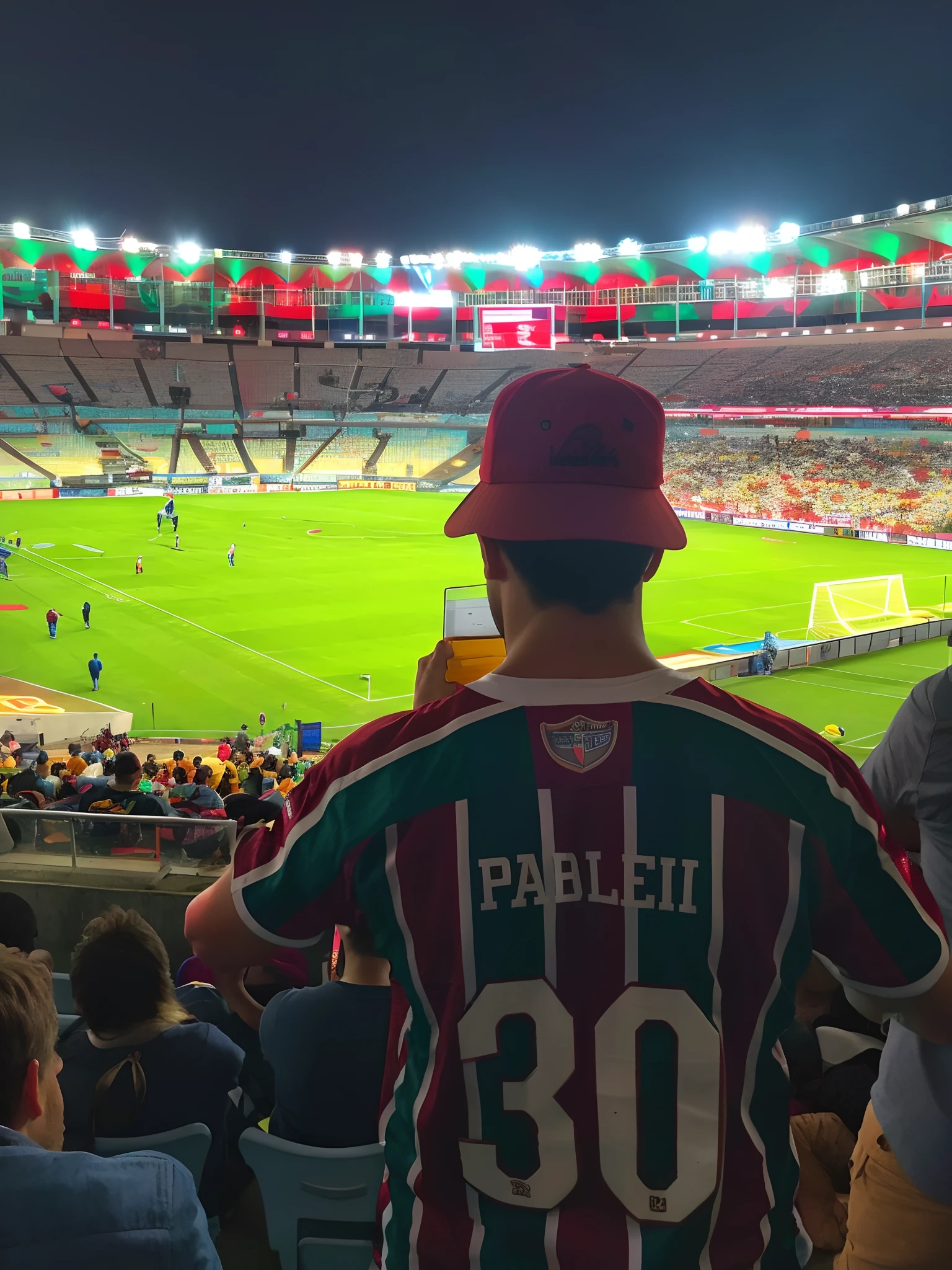 Fan in football stadium, com a camisa escrito Pableii..