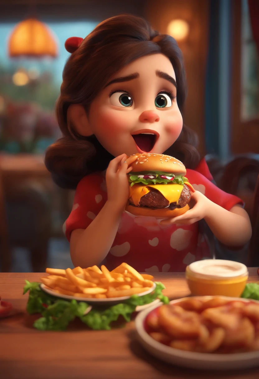 Make a Girl, She's hungry, como Disney Cartoon, She's eating hamburger, Pixar, ..3d, Disney