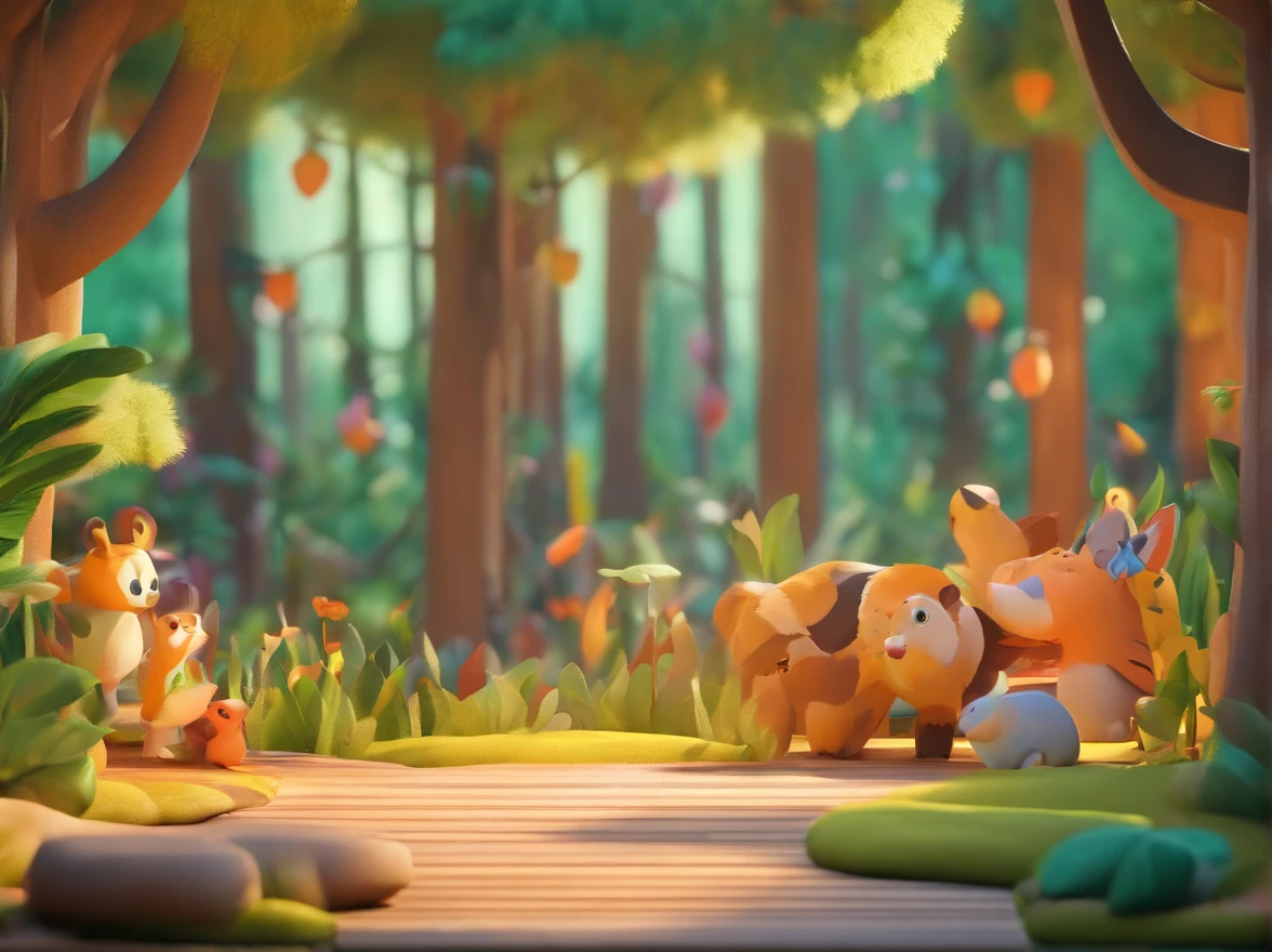 Scenery, forest interior, children's book illustration style, simple, cute, bright colors, Pixar style.