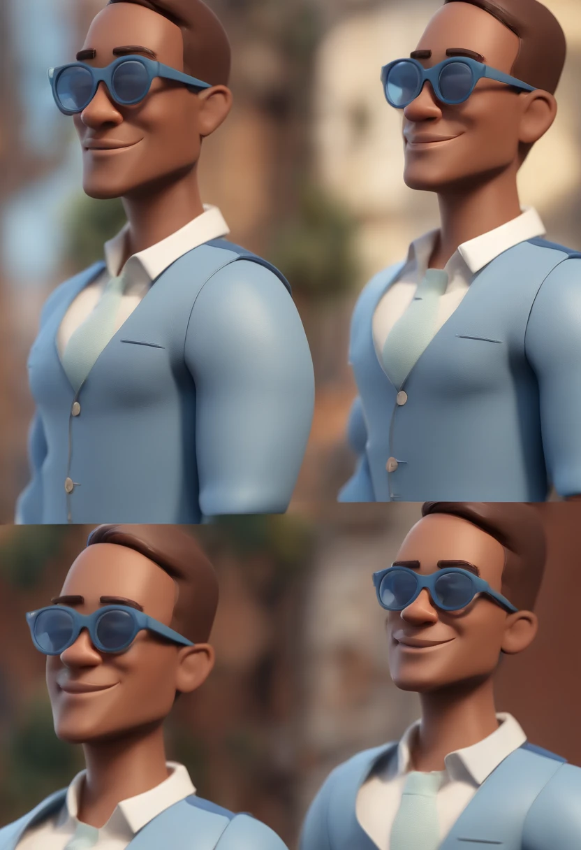 Cartoon character of a man wearing black glasses and a blue shirt, um personagem animado, Caractere estilizado, animation style rendering, 3D estilizado, Arnold Maya render, 3 d render stylized, toon render keyshot, Personagem 3D, Personagem 3D, 3d rendering stylized, 3 d character render, personagem de desenho animado, Personagem de close up, Pose de personagem, (Estilo Pixar) (master part:1.2) (Bokeh) (best quality) (pele detalhada) (textura detalhada) (8k) (argila) (Cinematic lighting) (foco nítido，Senta e vaza a parte superior do corpo