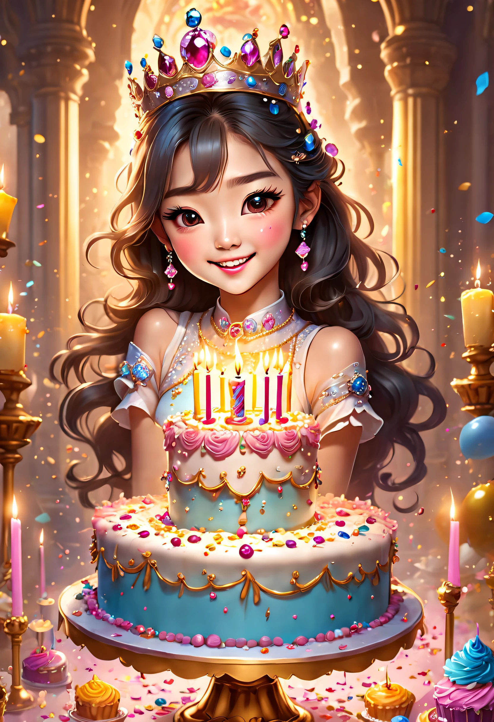 Beautiful 8K Ultra HD professional photos, Sharp focus, In a stunning fantasy world, Beautiful Korean  girl wearing a crown，Birthday cake filled with gems, A joyful smile, In a luxurious palace，A huge cake，It has candles and confetti on it, Huge birthday cake, with sparkling gems on top