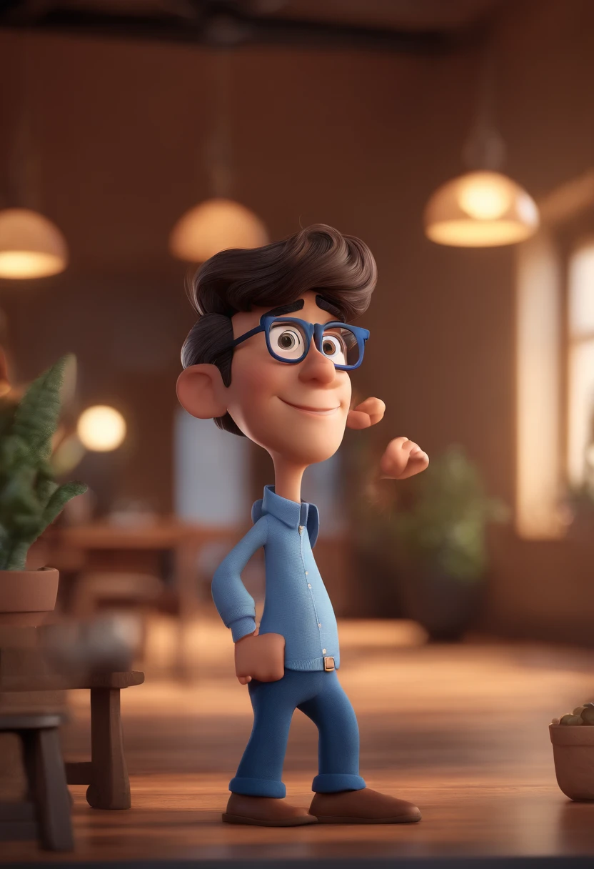 Cartoon character of a man with black glasses and a blue shirt, animation character, Caractere estilizado, animation style rendering, 3D estilizado, Arnold Maya render, 3 d render stylized, toon render keyshot, Personagem 3D, Personagem 3D, 3d rendering stylized, 3 d character render, personagem de desenho animado, Personagem de close up, Pose de personagem, (Estilo Pixar) (master part:1.2) (Bokeh) (best quality) (pele detalhada) (textura detalhada) (8k) (argila) (Cinematic lighting) (foco nítido
