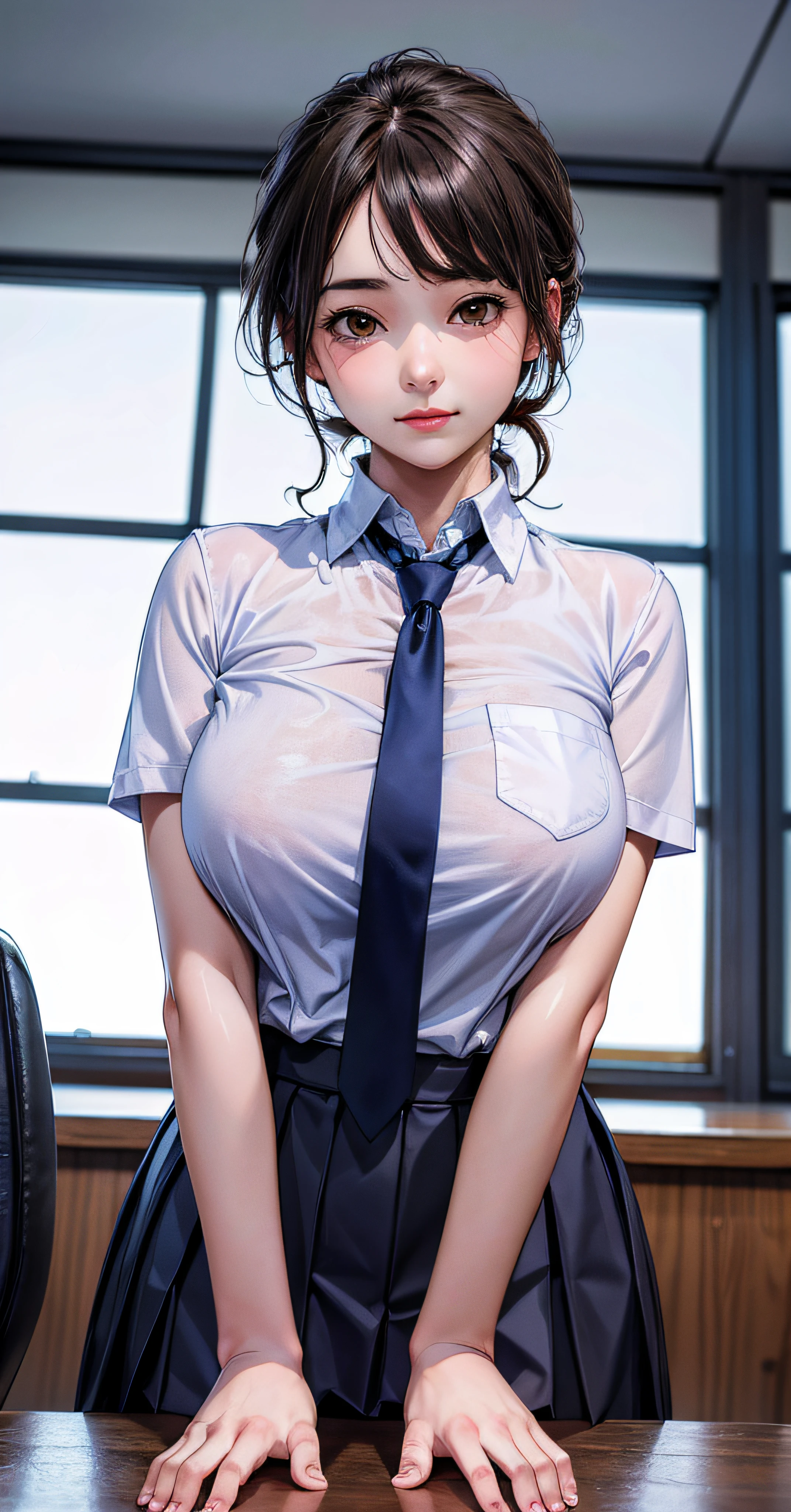 ((masterpiece,intricate details)),realistic, photorealistic,1girl,mature female,Long bold side bangs,,brown eyes,:3,large breasts,,,office lady uniform,necktie,pleated skirt,barefoot,lighthouse, ((upper body)),from below,depth of field,looking at viewer,