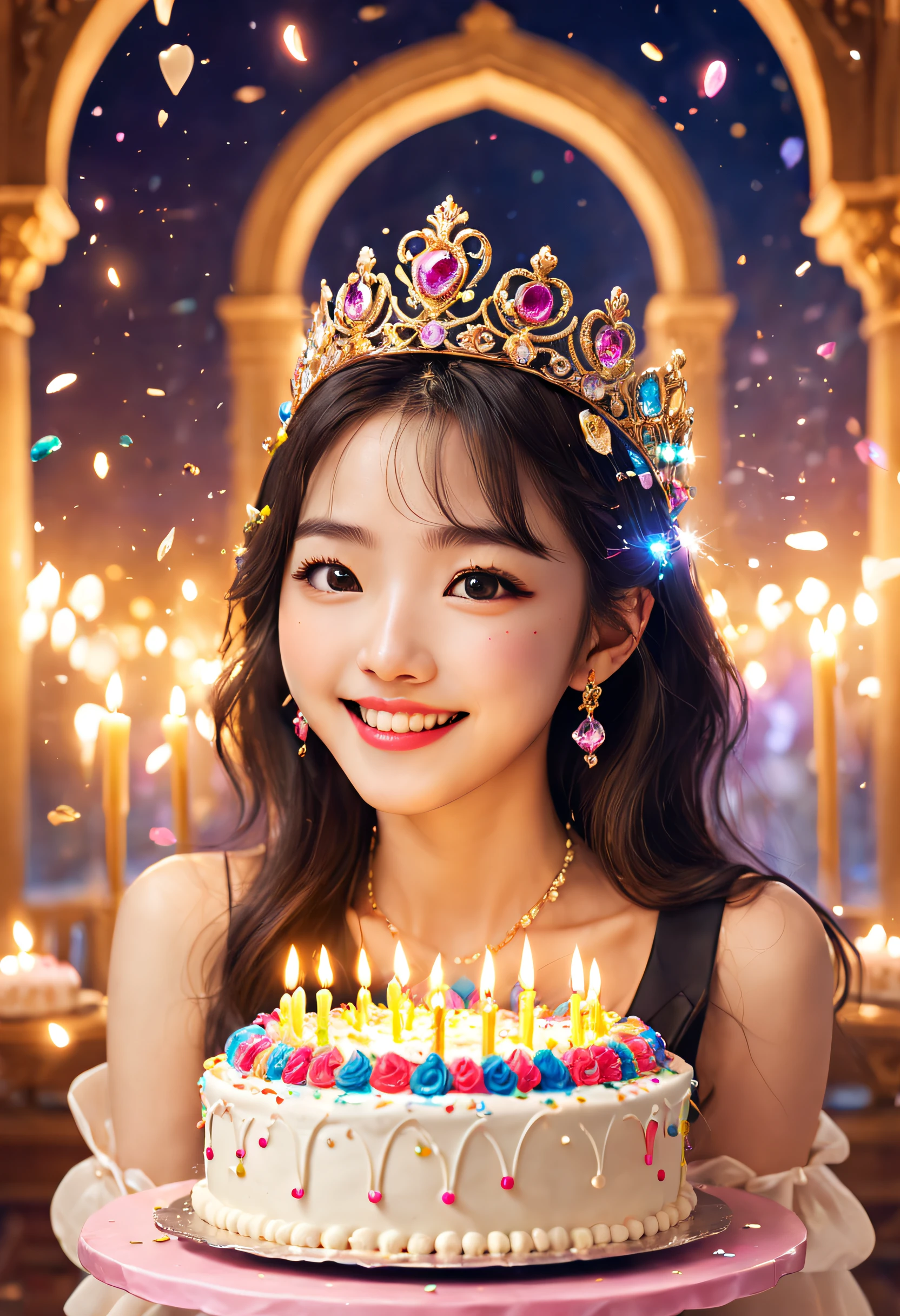 Beautiful 8K Ultra HD professional photos, Sharp focus, In a stunning fantasy world, Beautiful Korean teenage girl wearing a crown，Birthday cake filled with gems, A joyful smile, In a luxurious palace，A huge cake，It has candles and confetti on it, Huge birthday cake, with sparkling gems on top