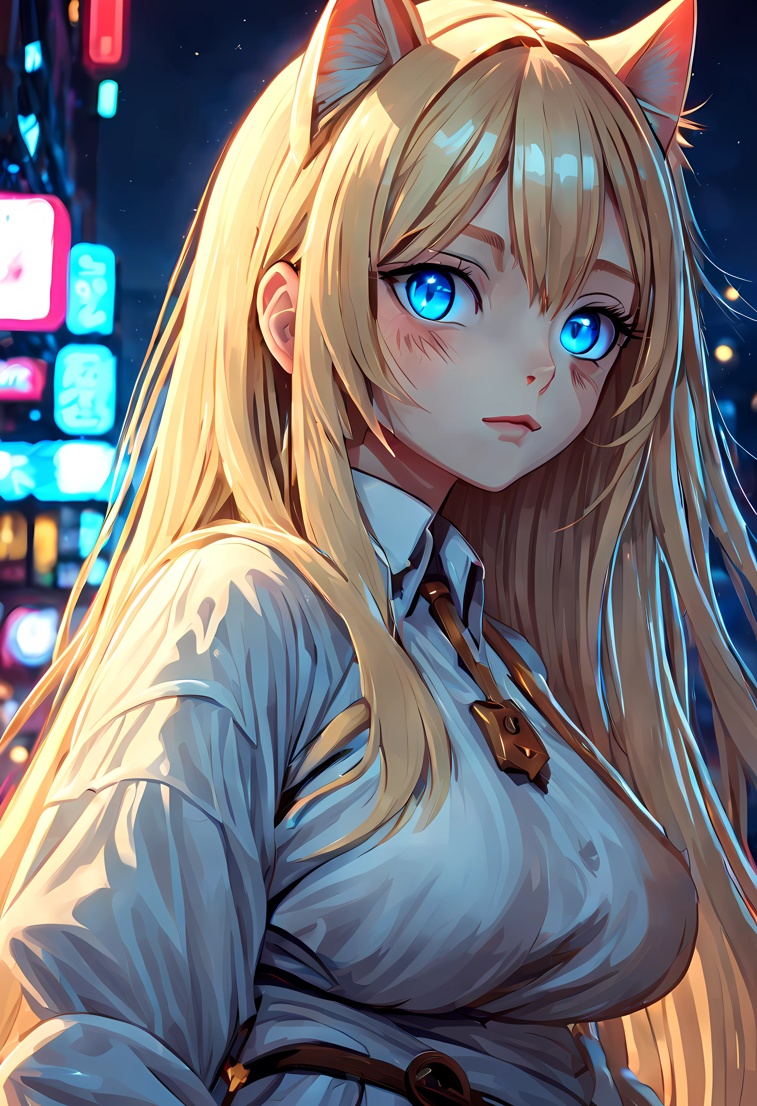 (best quality, masterpiece:1.2),(highres:1.2),ultra-detailed, a girl, Urban Neon Glow, Dreamy Cat-Eared Blonde, Night's Mysterious , Ambiance, Curious Confident Gaze, Soft Digital Radiance, Adorable Feline Features, blue eyes, long hair, red hair, white hair, indoors, large breasts, upper body,