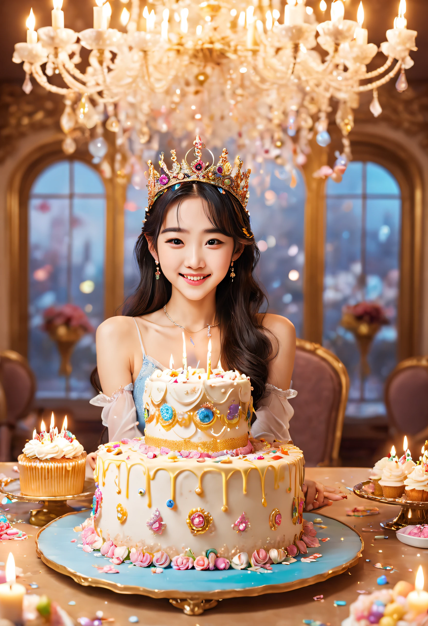 Beautiful 8K Ultra HD professional photos, Sharp focus, In a stunning fantasy world, Beautiful Korean teenage girl wearing a crown，Birthday cake filled with gems, A joyful smile, In a luxurious palace，A huge cake，It has candles and confetti on it, Huge birthday cake, with sparkling gems on top