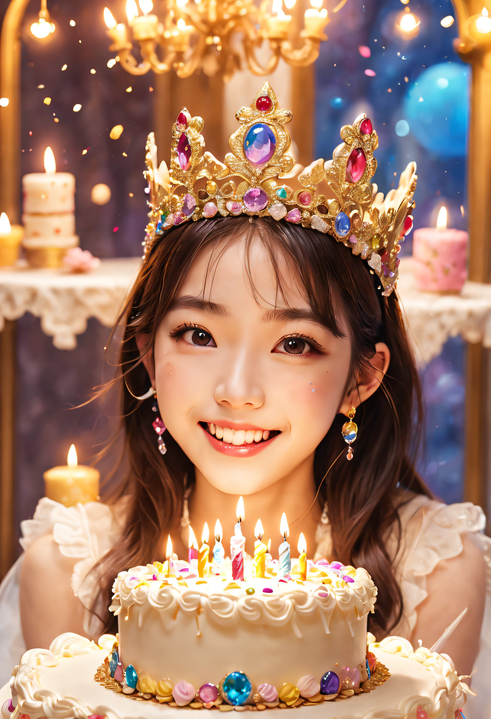 Beautiful 8K Ultra HD professional photos, Sharp focus, In a stunning fantasy world, Beautiful Korean teenage girl wearing a crown，Birthday cake filled with gems, A joyful smile, In a luxurious palace，A huge cake，It has candles and confetti on it, Huge birthday cake, with sparkling gems on top