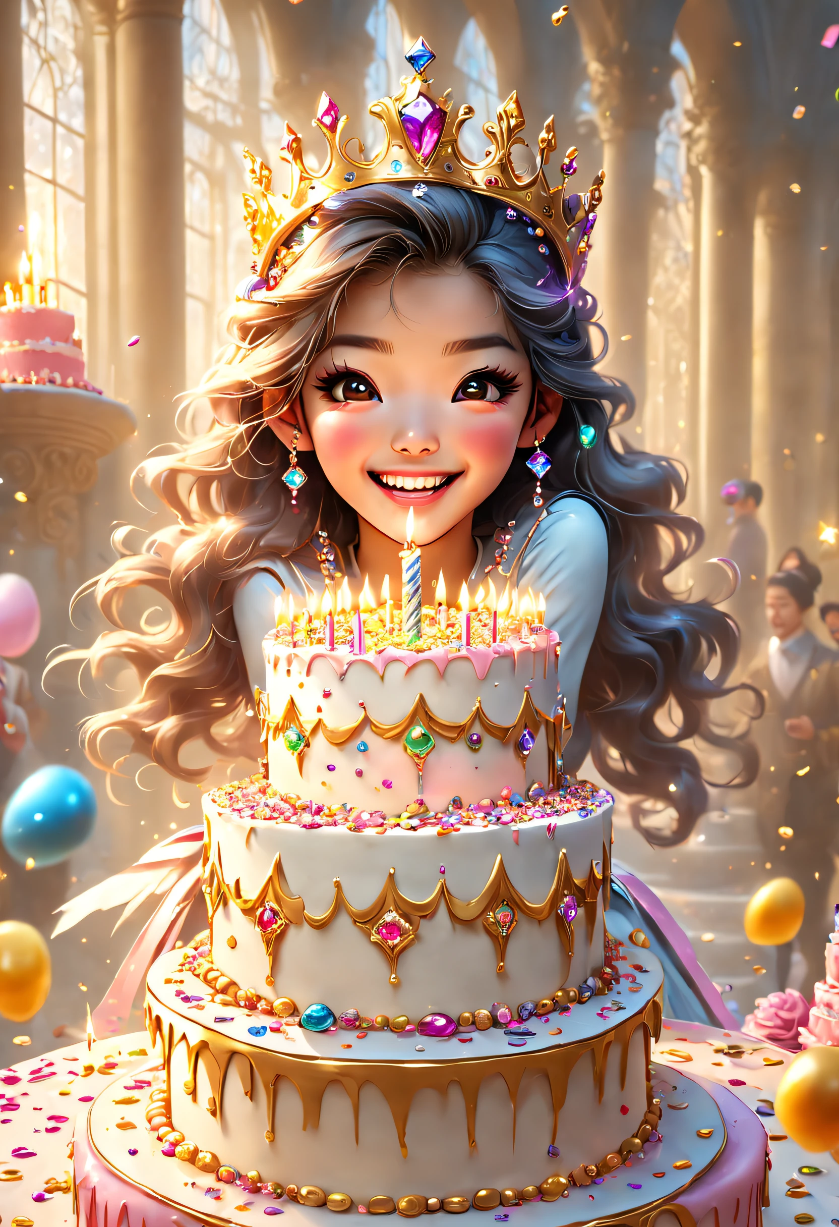 Beautiful 8K Ultra HD professional photos, Sharp focus, In a stunning fantasy world, Beautiful Korean teenage girl wearing a crown，Birthday cake filled with gems, A joyful smile, In a luxurious palace，A huge cake，It has candles and confetti on it, Huge birthday cake, with sparkling gems on top