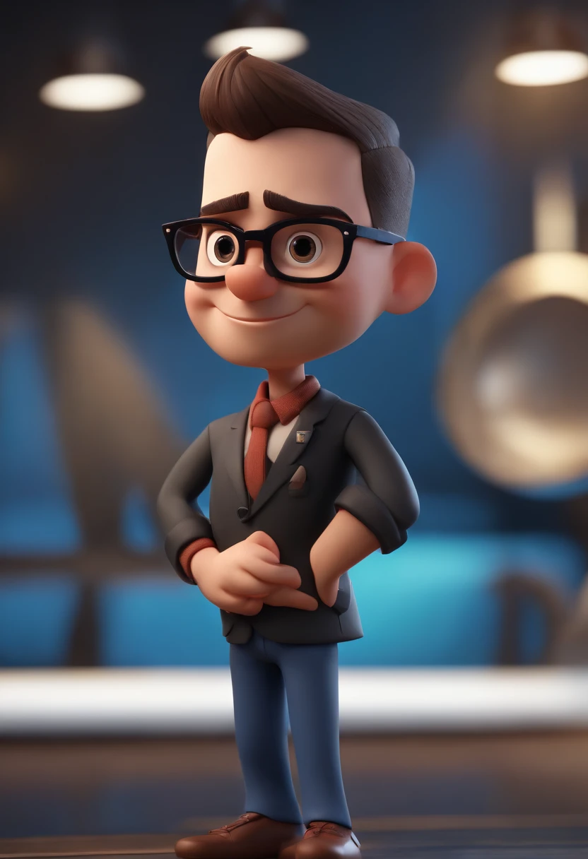 Cartoon character of a man wearing black glasses and a blue shirt, um personagem animado, Caractere estilizado, animation style rendering, 3D estilizado, Arnold Maya render, 3 d render stylized, toon render keyshot, Personagem 3D, Personagem 3D, 3d rendering stylized, 3 d character render, personagem de desenho animado, Personagem de close up, Pose de personagem, (Estilo Pixar) (master part:1.2) (Bokeh) (best quality) (pele detalhada) (textura detalhada) (8k) (argila) (Cinematic lighting) (foco nítido，Senta e vaza a parte superior do corpo