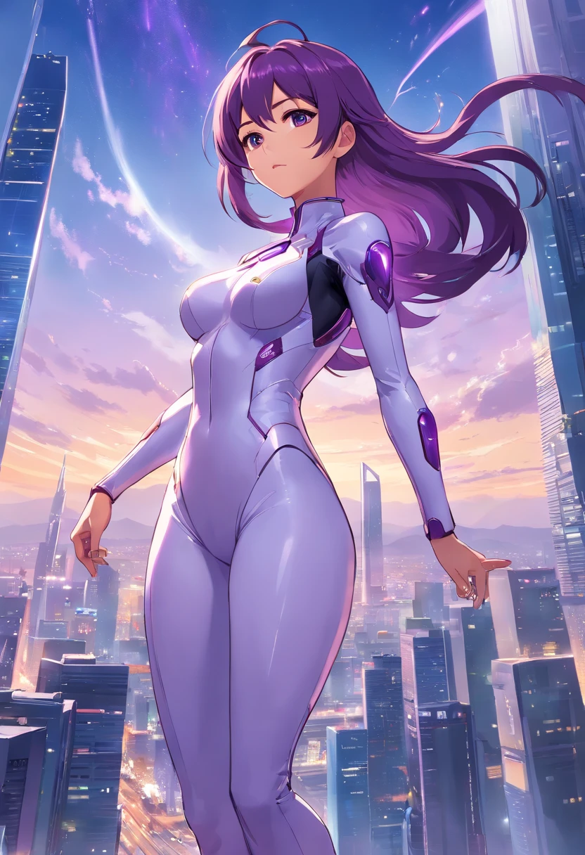 white backgrounid tall and large breasts Purple metallic suit highleg Woman with long purple hair full bodyesbian futuristic skyline in background