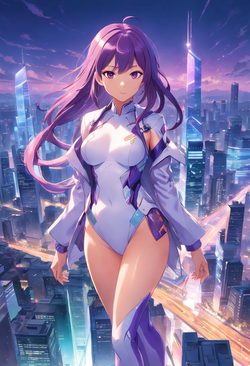 white backgrounid　tall and large breasts　Black no clothing　highleg　Woman with long purple hair　full bodyesbian futuristic skyline in background