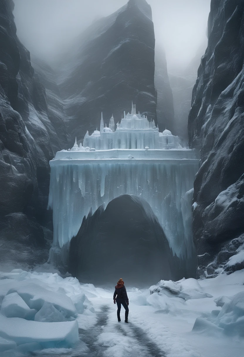 Cyberpunk, Mechanicalgirl, quebrado, There is an image of a very large iceberg, Cyberpunk, Mechanicalgirl, quebrado, com muita neve, fundo da masmorra, Fundo do icicle, fundo da arena, fundo do jogo, fundo escuro escuro da caverna,