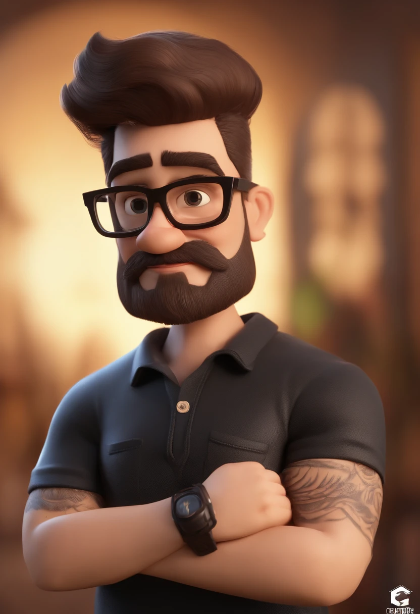Cartoon character of a man with black glasses and a black polo shirt, cabelo liso, With beard and old school tattoo on his arm, animation character, Caractere estilizado, animation style rendering, 3D estilizado, Arnold Maya render, 3 d render stylized, toon render keyshot, Personagem 3D, Personagem 3D, 3d rendering stylized, 3 d character render, personagem de desenho animado, Personagem de close up, Pose de personagem, (Estilo Pixar) (master part:1.2) (Bokeh) (best quality) (pele detalhada) (textura detalhada) (8k) (argila) (Cinematic lighting) (foco nítido