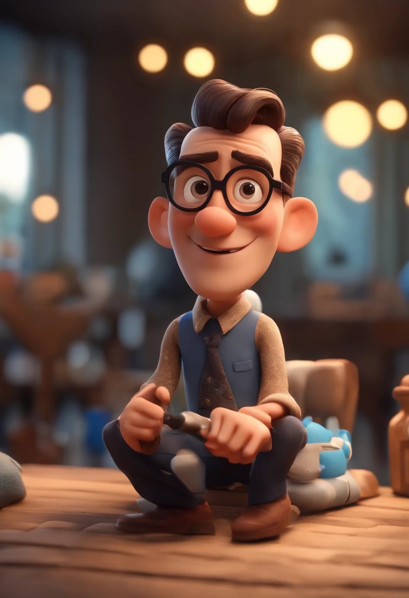 Cartoon character of a man wearing black glasses and a blue shirt, um personagem animado, Caractere estilizado, animation style rendering, 3D estilizado, Arnold Maya render, 3 d render stylized, toon render keyshot, Personagem 3D, Personagem 3D, 3d rendering stylized, 3 d character render, personagem de desenho animado, Personagem de close up, Pose de personagem, (Estilo Pixar) (master part:1.2) (Bokeh) (best quality) (pele detalhada) (textura detalhada) (8k) (argila) (Cinematic lighting) (foco nítido,Senta e vaza a parte superior do corpo