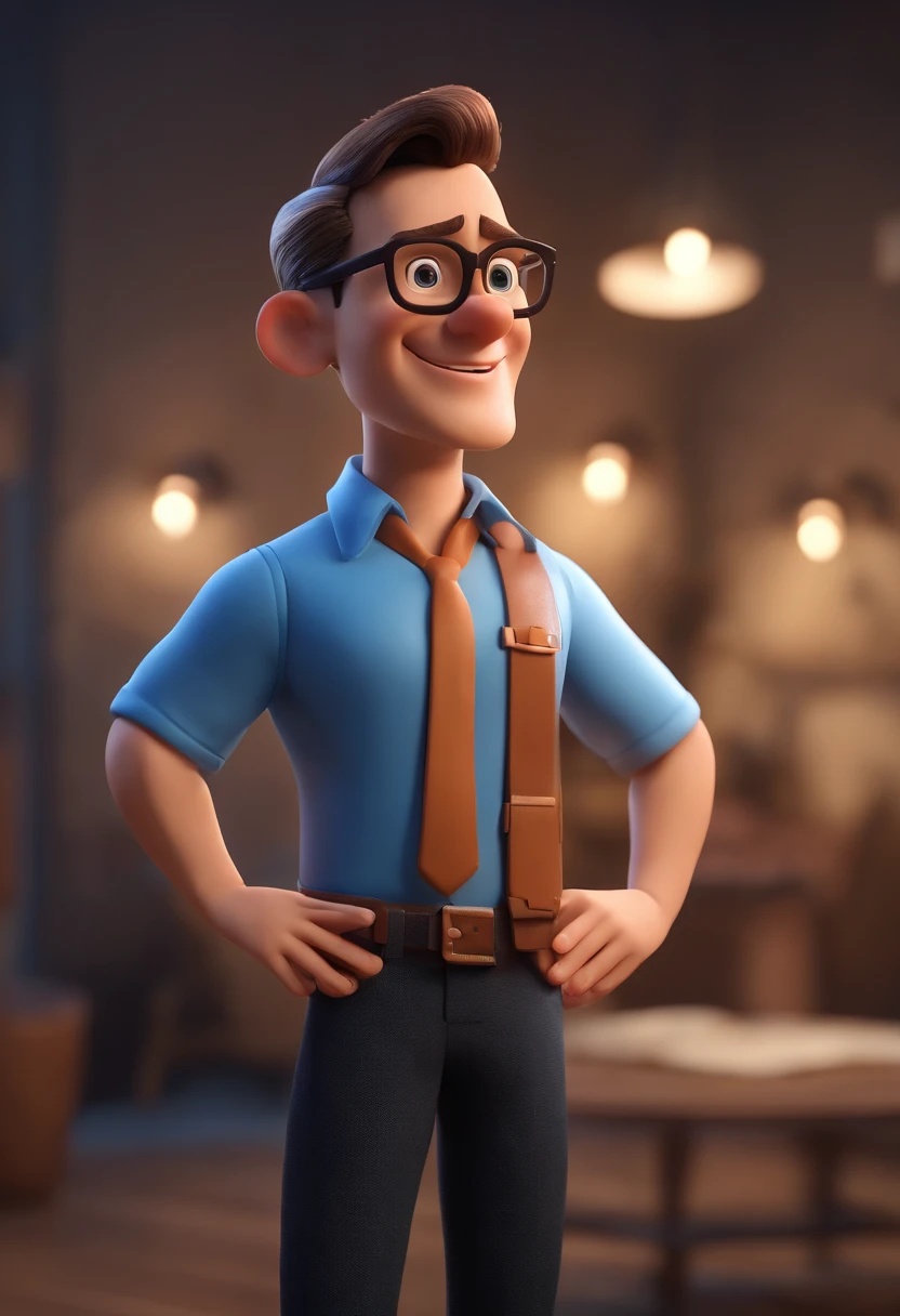 Cartoon character of a man wearing black glasses and a blue shirt, um personagem animado, Caractere estilizado, animation style rendering, 3D estilizado, Arnold Maya render, 3 d render stylized, toon render keyshot, Personagem 3D, Personagem 3D, 3d rendering stylized, 3 d character render, personagem de desenho animado, Personagem de close up, Pose de personagem, (Estilo Pixar) (master part:1.2) (Bokeh) (best quality) (pele detalhada) (textura detalhada) (8k) (argila) (Cinematic lighting) (foco nítido,Senta e vaza a parte superior do corpo