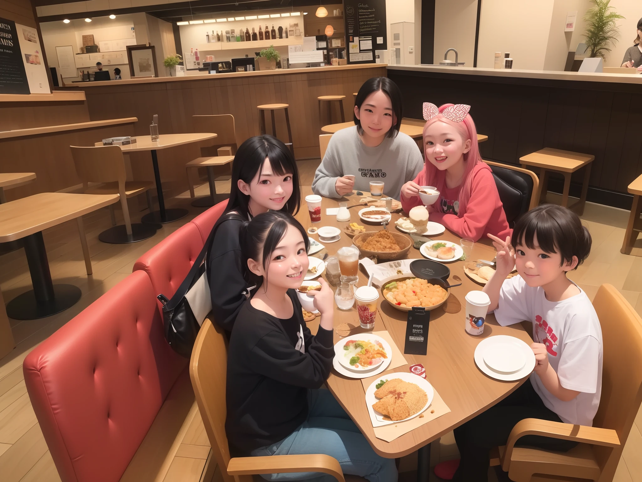 Pixar Disney pattern: several people sitting at a table with drinks and food, Postagem 4k, 4 k post, Family photo, vacation photo, tomada em 2 0 2 0, family dinner, Ponto de encontro para adolescentes, Fotografia tirada em 2 0 2 0, 🔞🤡, foto muito precisa, Drink non-Central Perk coffee, in tokyo, taken in the early 2020s