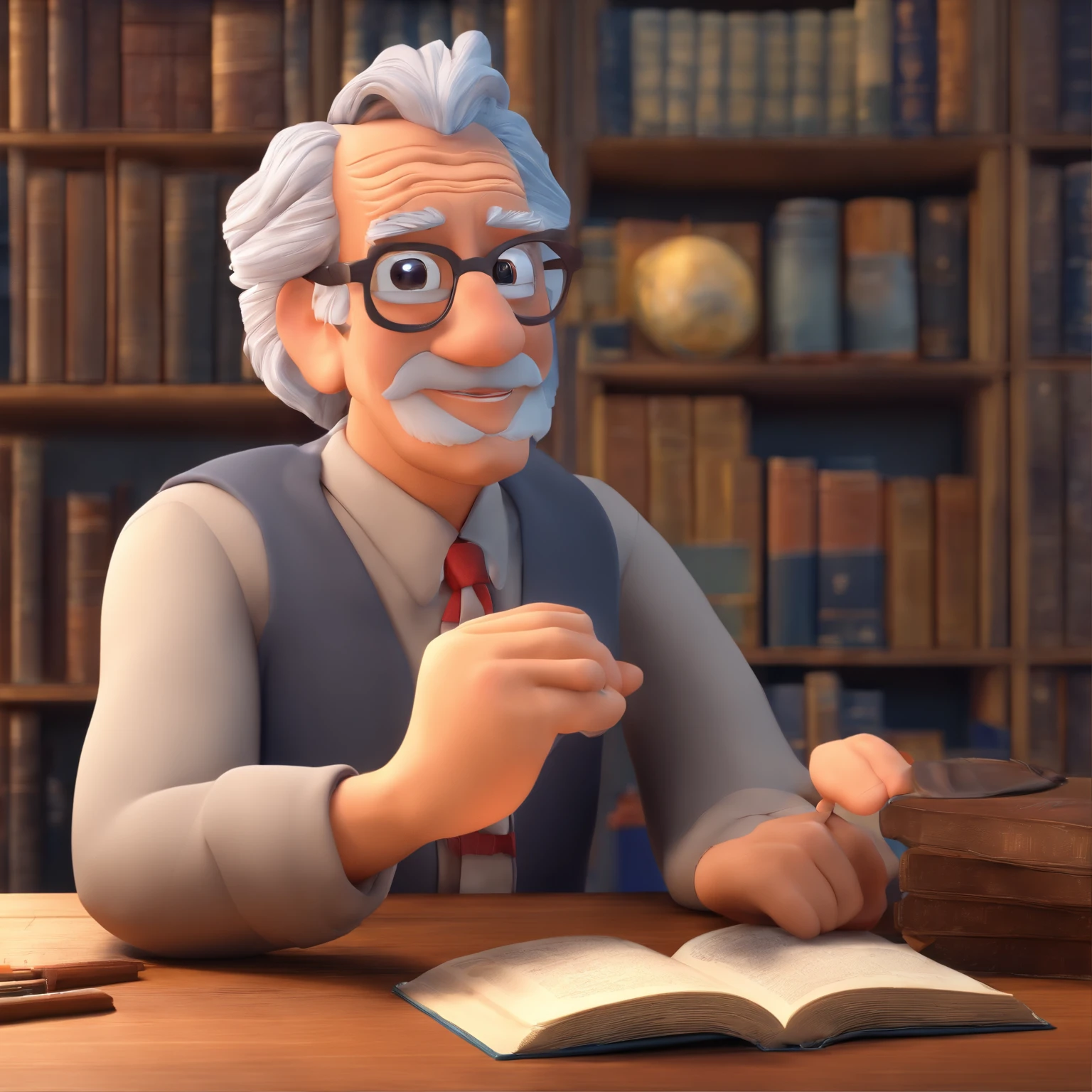 Crie um cartaz inspirado na Disney Pixar com o personagem sendo o pastor Rubens Janier, A gray-haired man wearing glasses, in an office with a Bible on the table