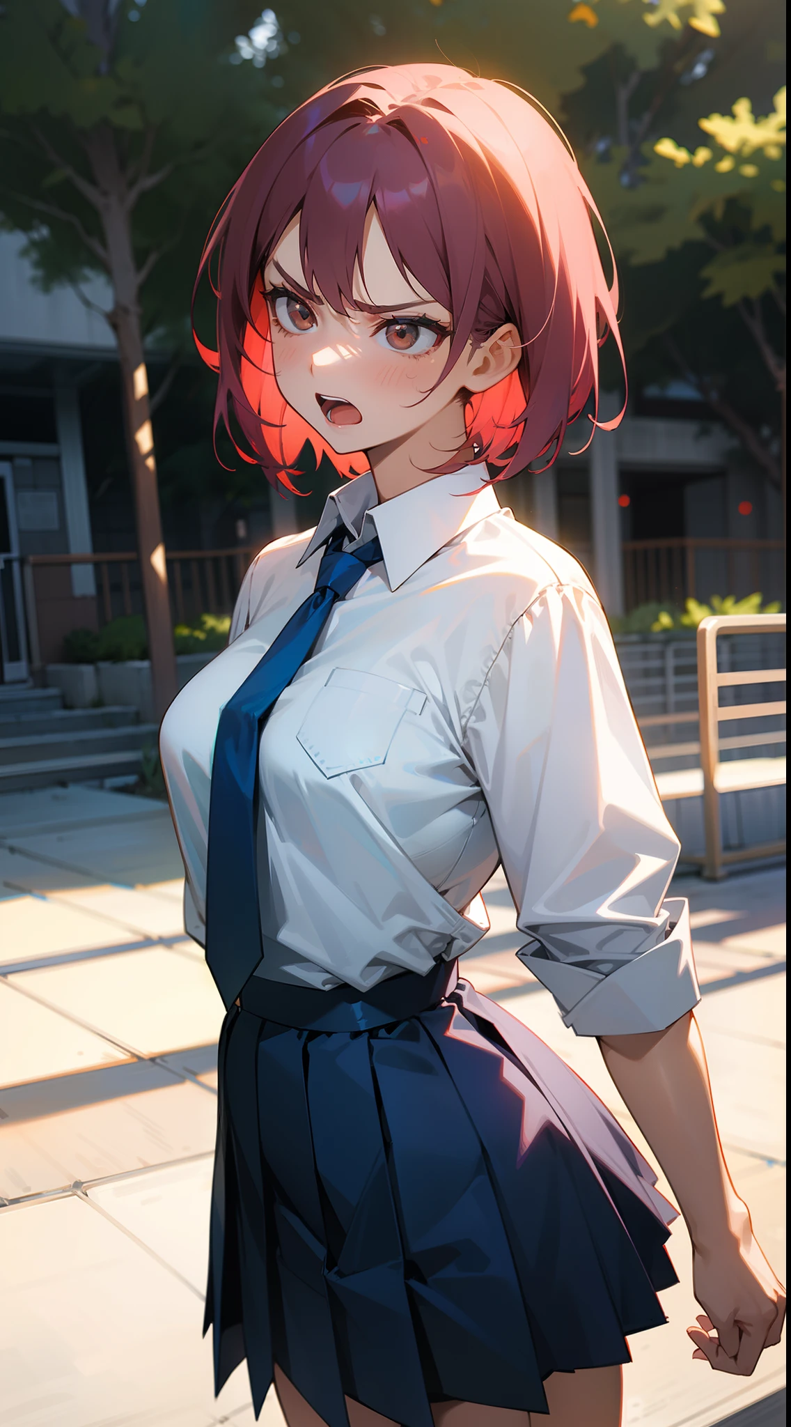 1girl, angry face,open mouth,mature female,medium breasts,white shirt,blue skirt,blue tie,dark pink hair,medium hair,brown eyes,cowboy shot,((standing in a school yard))