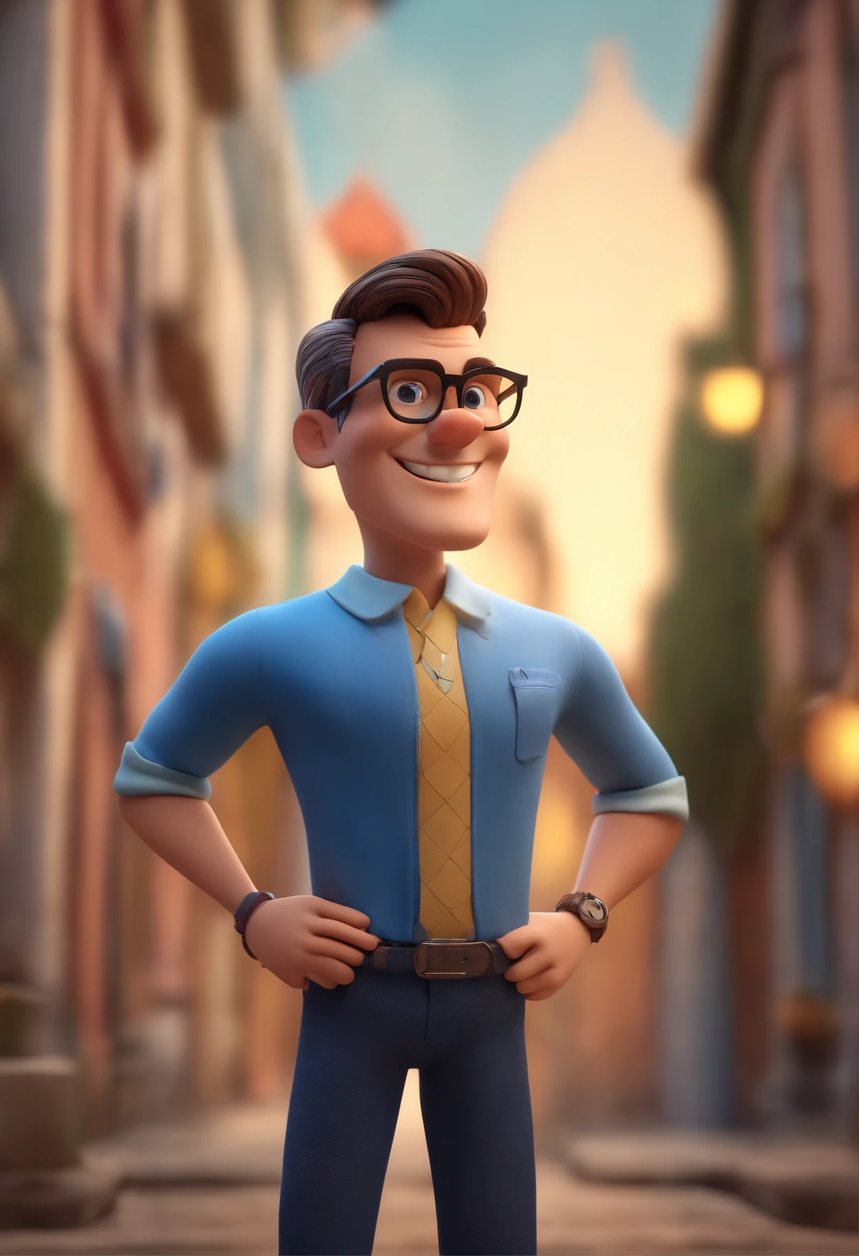 Cartoon character of a man wearing black glasses and a blue shirt, um personagem animado, Caractere estilizado, animation style rendering, 3D estilizado, Arnold Maya render, 3 d render stylized, toon render keyshot, Personagem 3D, Personagem 3D, 3d rendering stylized, 3 d character render, personagem de desenho animado, Personagem de close up, Pose de personagem, (Estilo Pixar) (master part:1.2) (Bokeh) (best quality) (pele detalhada) (textura detalhada) (8k) (argila) (Cinematic lighting) (foco nítido，Senta e vaza a parte superior do corpo