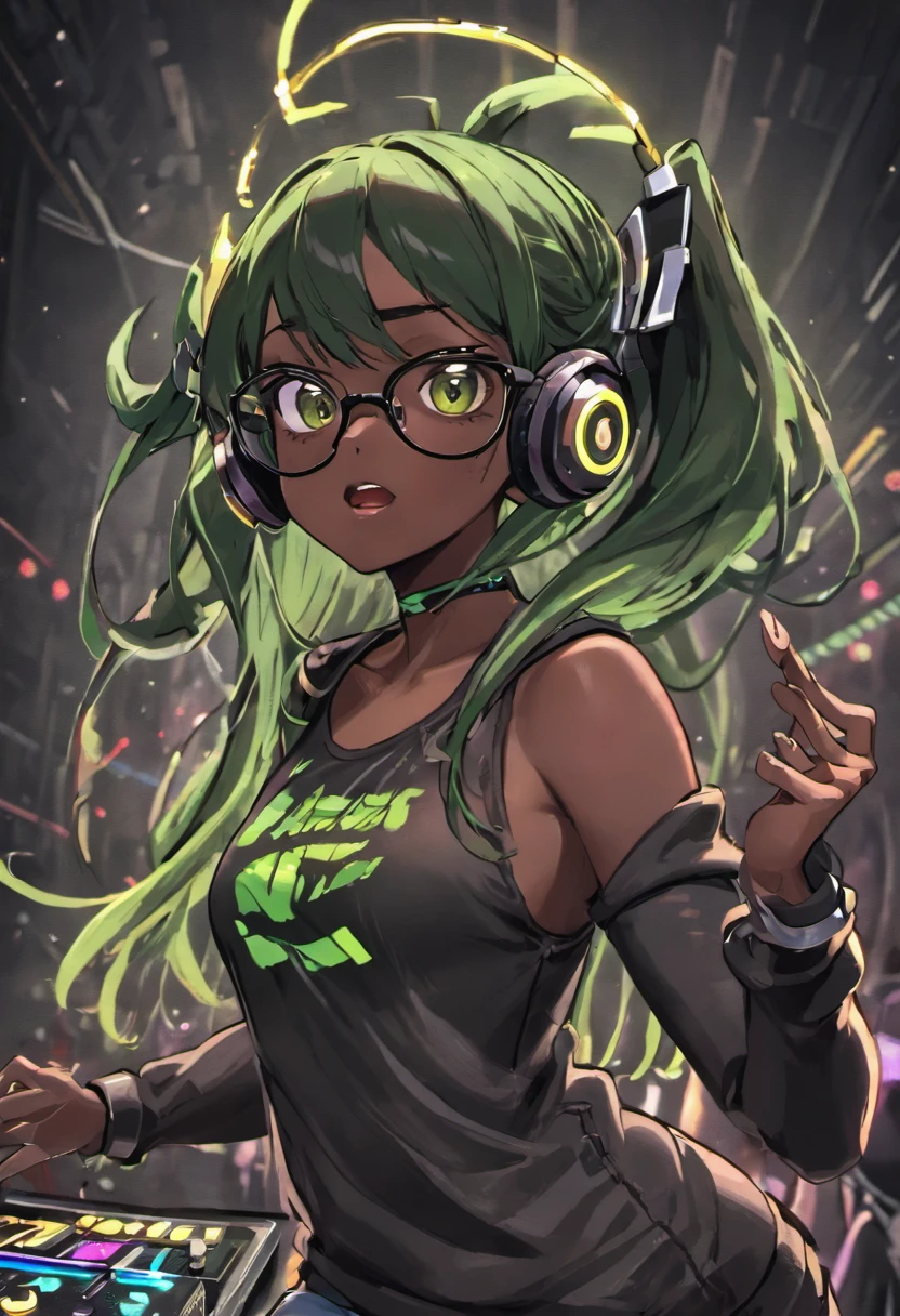 anime, deejaying dark skin girl, dj, dj sark skin girl, headphones, rave, (highest picture quality),masterpiece,best quality,extremely detailed CG wallpaper, ultra_detailed,(Cinematic Lighting:1.1), (cold face), green eyes, 1girl, solo, dark-green_hair, long_hair, masterpiece, best quality, glasses, figithing style
