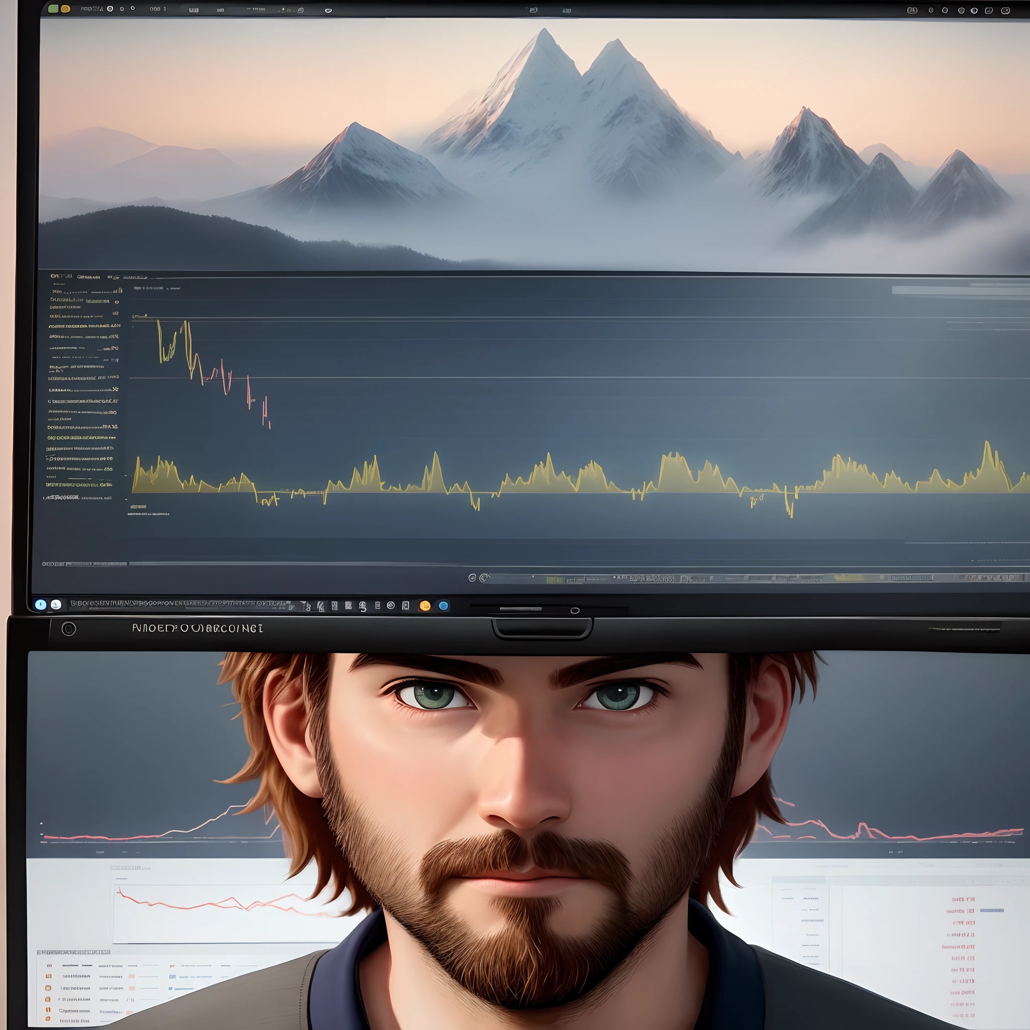 crie uma imagem estilo pixar de um homem com cabelos curtos, barba curta, em frente de um computador. On the screen there is an image of a graph of the financial market. He is in a place with a view of a mountain in the background