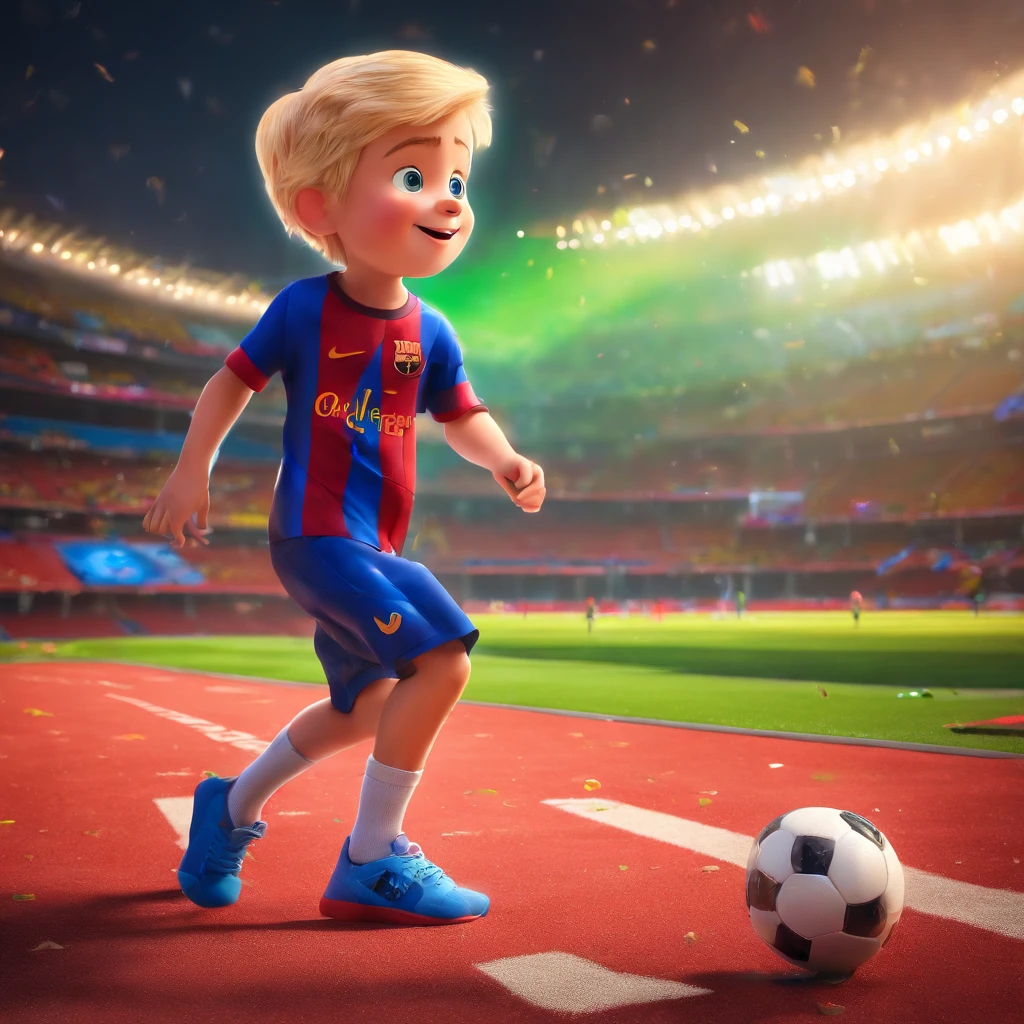 A 3d movie poster in disney-pixar style of a 4 year old child, very short blonde hair, fair skin, green eyes, wearing a red and blue Barcelona shirt, playing football in a stadium, with a smile on his face